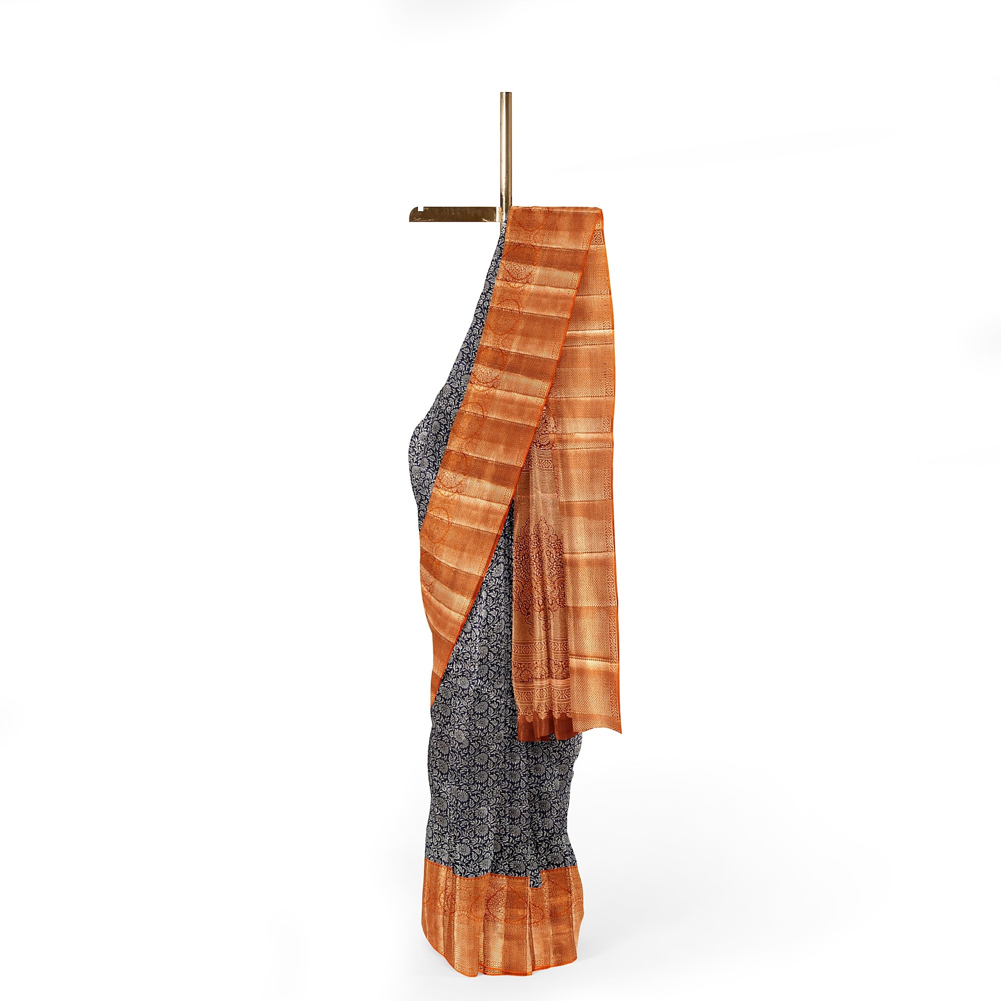 Navy Blue Kanjivaram Silk Saree with Dark Peach Zari Border – Elegant Handloom Wedding Saree Online - New Sudarshan Silks`