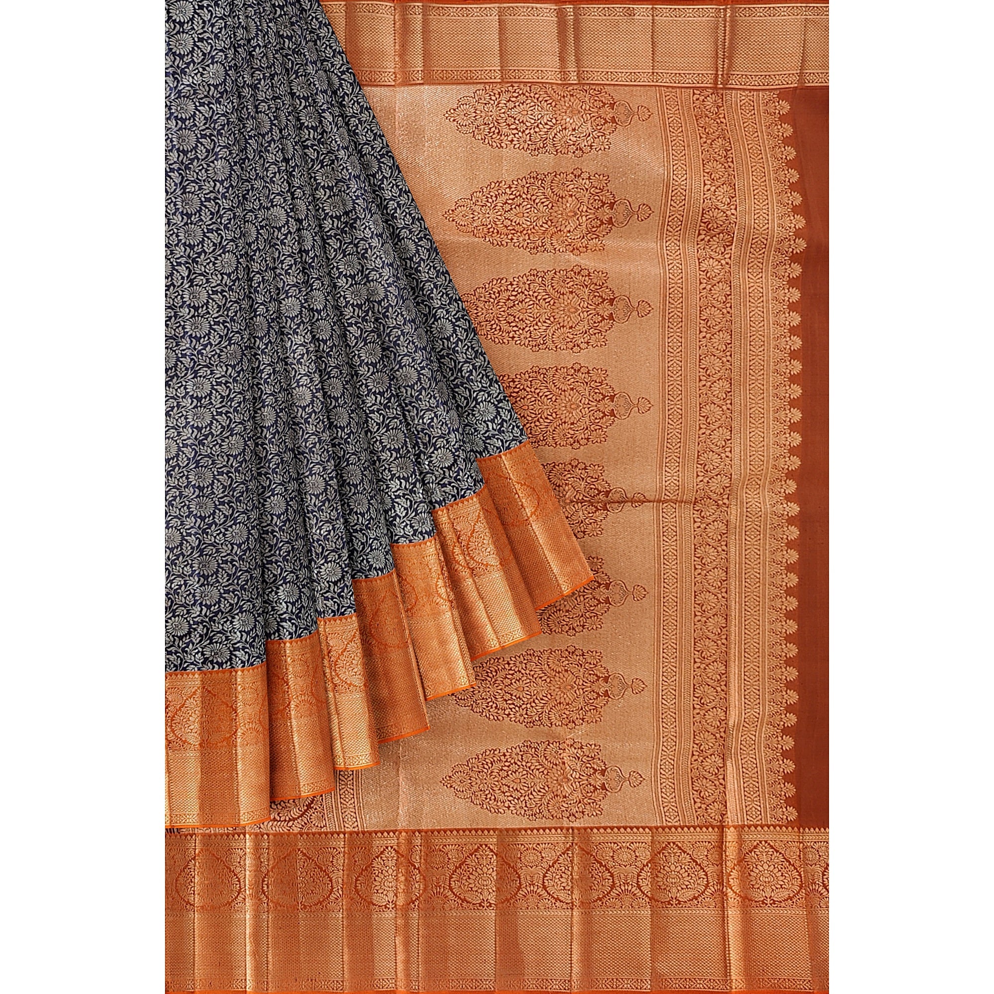 Navy Blue Kanjivaram Silk Saree with Dark Peach Zari Border – Elegant Handloom Wedding Saree Online - New Sudarshan Silks`
