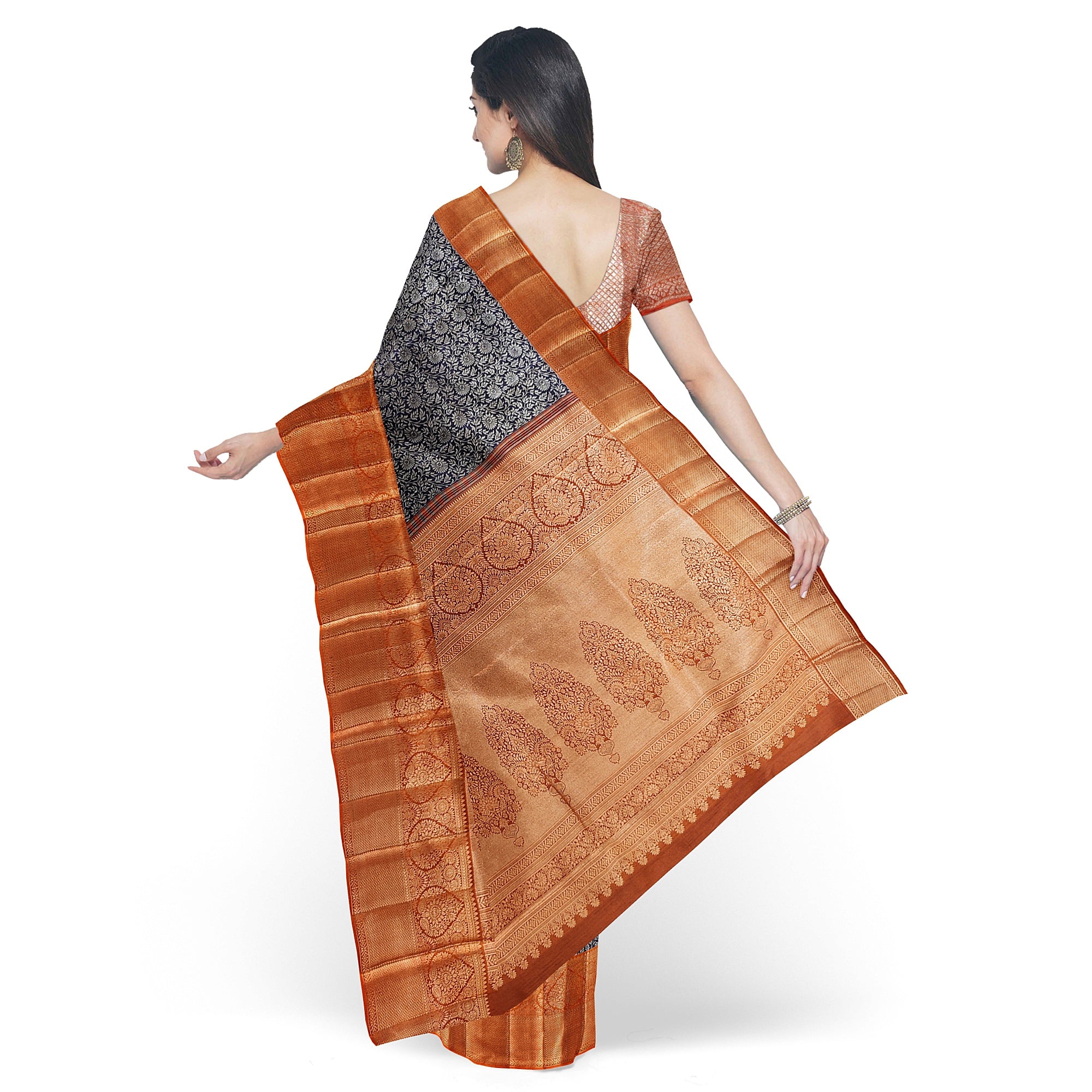 Navy Blue Kanjivaram Silk Saree with Dark Peach Zari Border – Elegant Handloom Wedding Saree Online - New Sudarshan Silks`