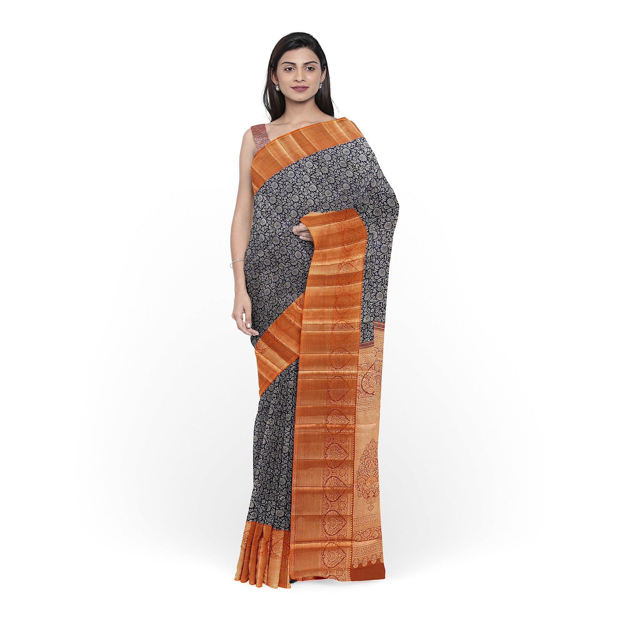 Navy Blue Kanjivaram Silk Saree with Dark Peach Zari Border – Elegant Handloom Wedding Saree Online - New Sudarshan Silks`