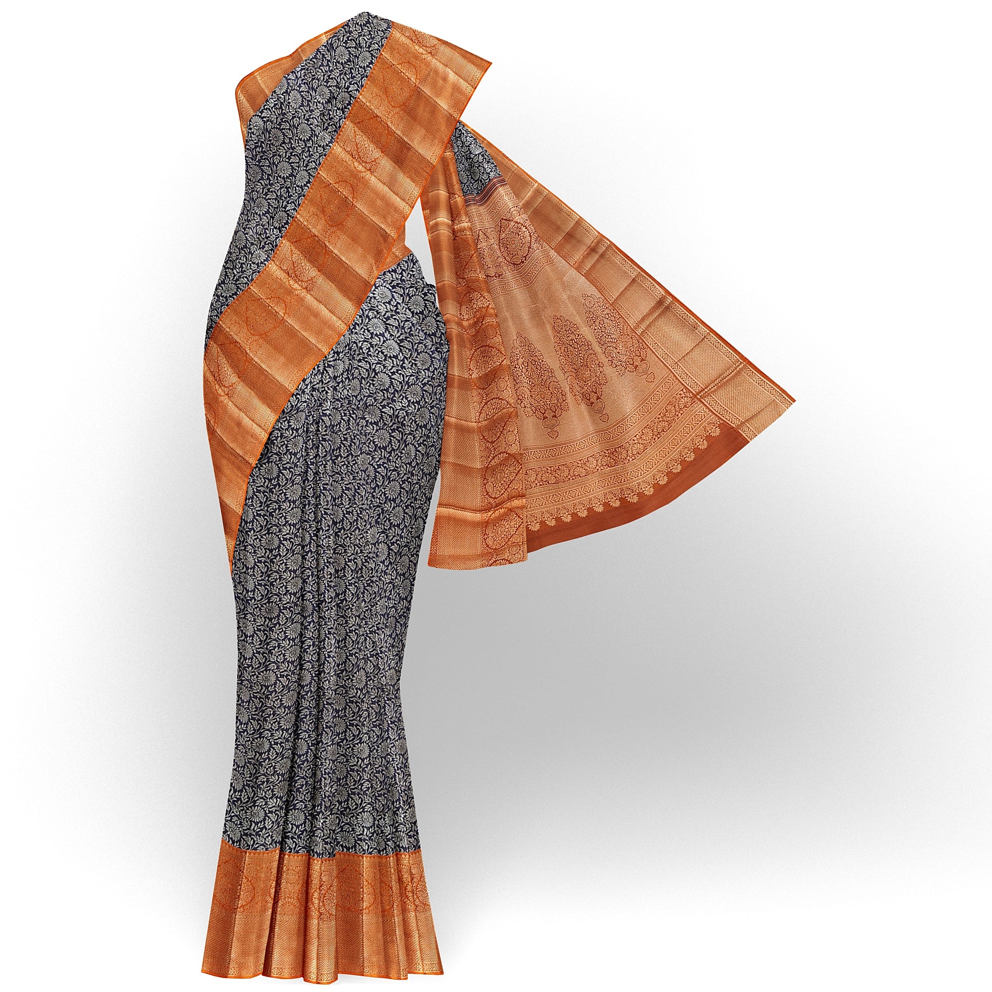 Navy Blue Kanjivaram Silk Saree with Dark Peach Zari Border – Elegant Handloom Wedding Saree Online - New Sudarshan Silks`