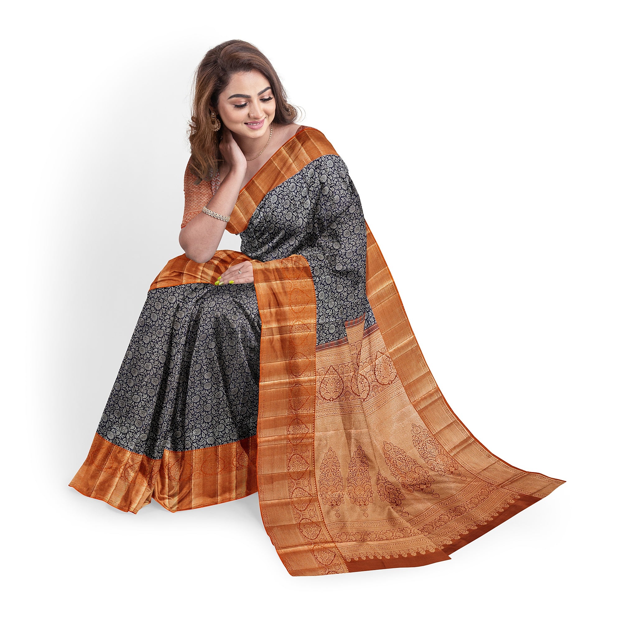 Navy Blue Kanjivaram Silk Saree with Dark Peach Zari Border – Elegant Handloom Wedding Saree Online - New Sudarshan Silks`