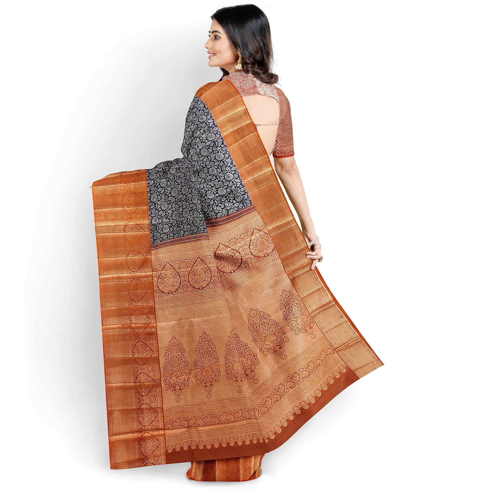 Navy Blue Kanjivaram Silk Saree with Dark Peach Zari Border – Elegant Handloom Wedding Saree Online - New Sudarshan Silks`