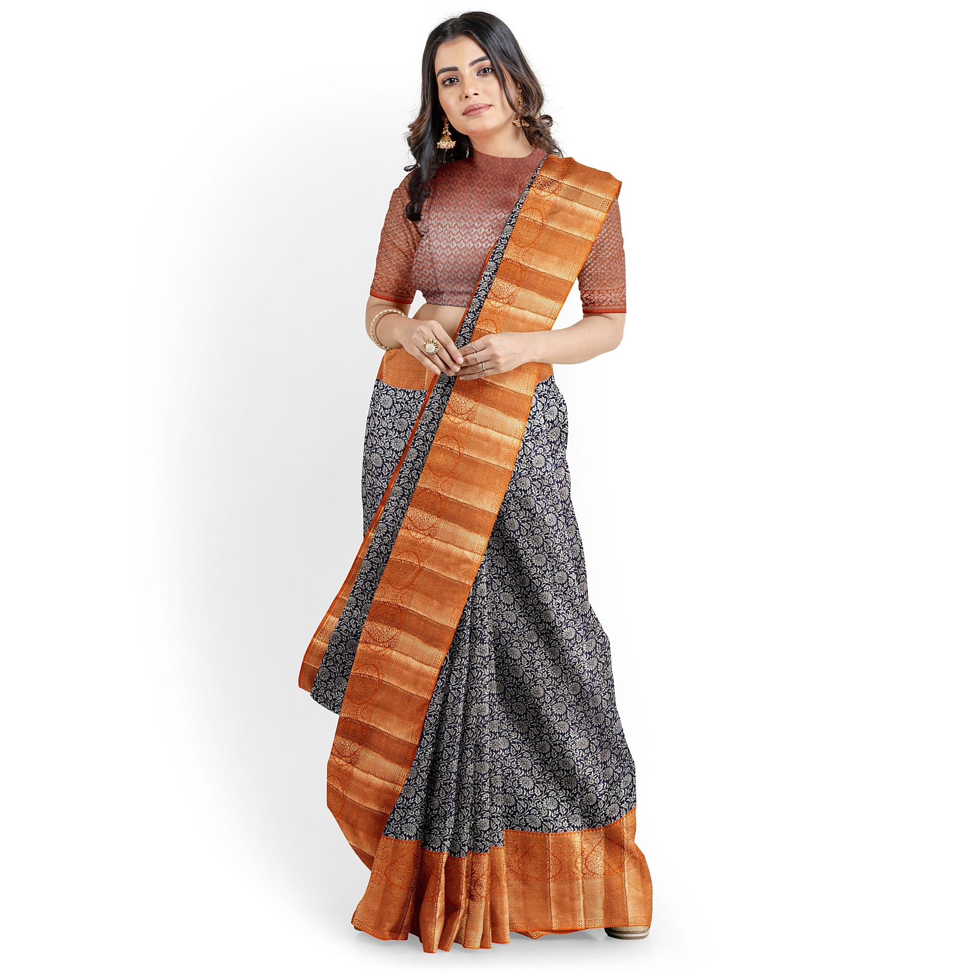 Navy Blue Kanjivaram Silk Saree with Dark Peach Zari Border – Elegant Handloom Wedding Saree Online - New Sudarshan Silks`