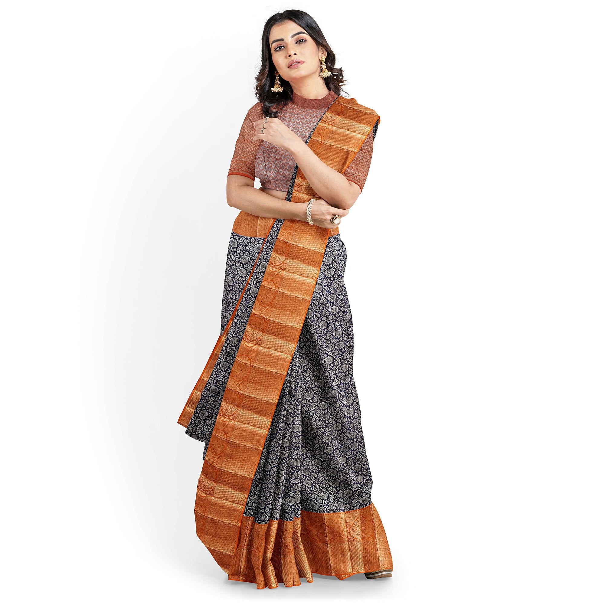 Navy Blue Kanjivaram Silk Saree with Dark Peach Zari Border – Elegant Handloom Wedding Saree Online - New Sudarshan Silks`
