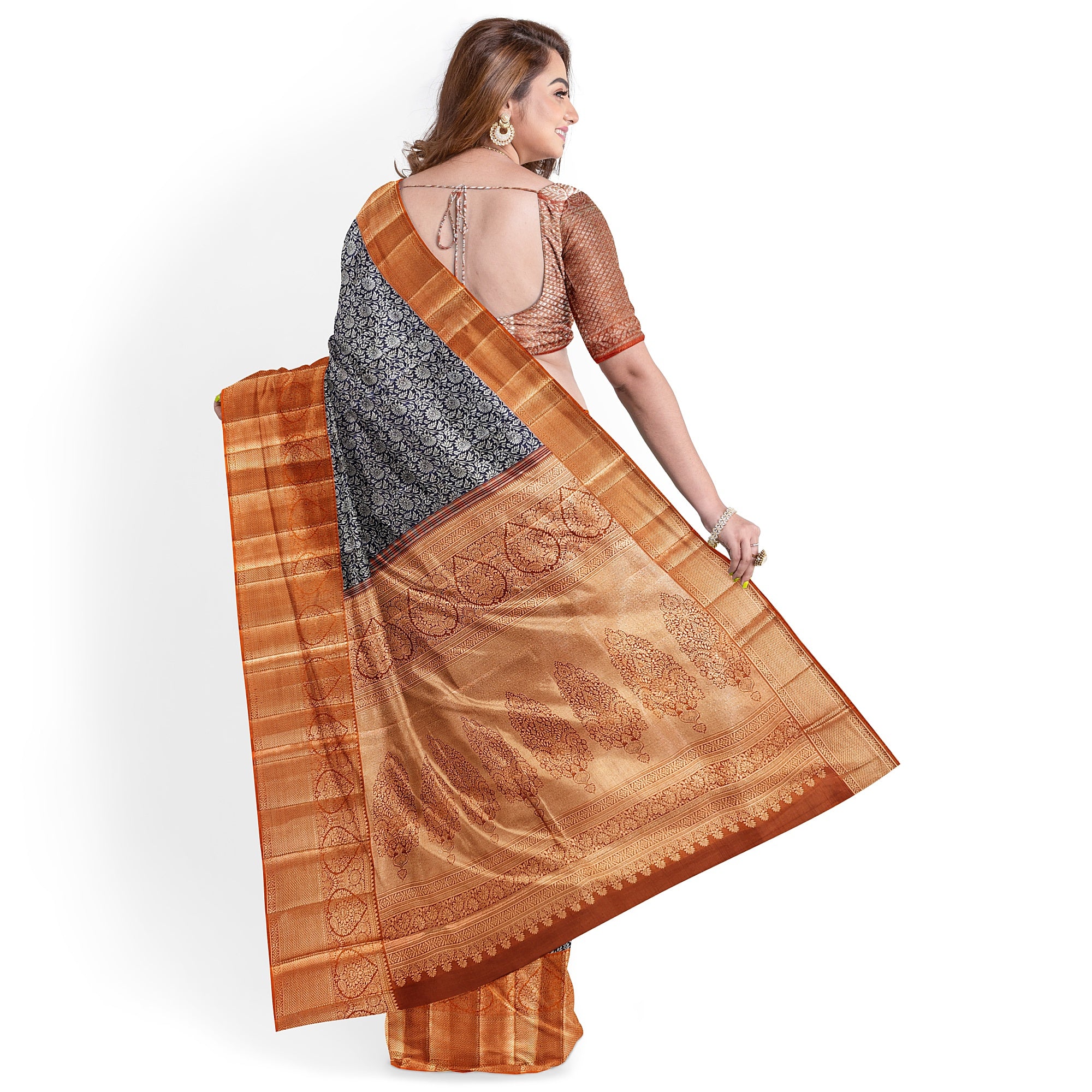 Navy Blue Kanjivaram Silk Saree with Dark Peach Zari Border – Elegant Handloom Wedding Saree Online - New Sudarshan Silks`