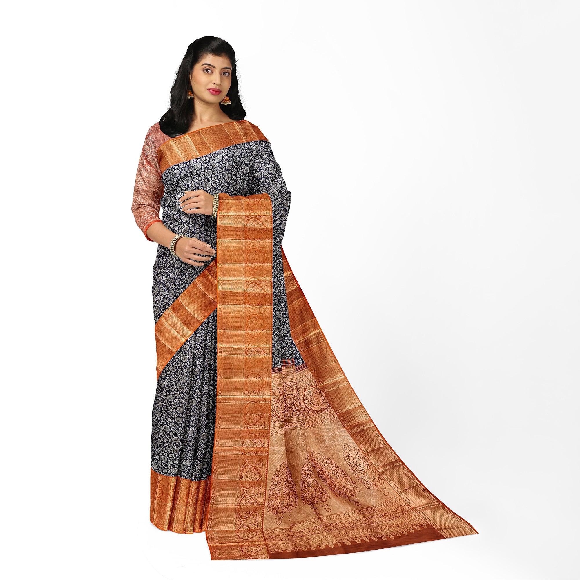 Navy Blue Kanjivaram Silk Saree with Dark Peach Zari Border – Elegant Handloom Wedding Saree Online - New Sudarshan Silks`