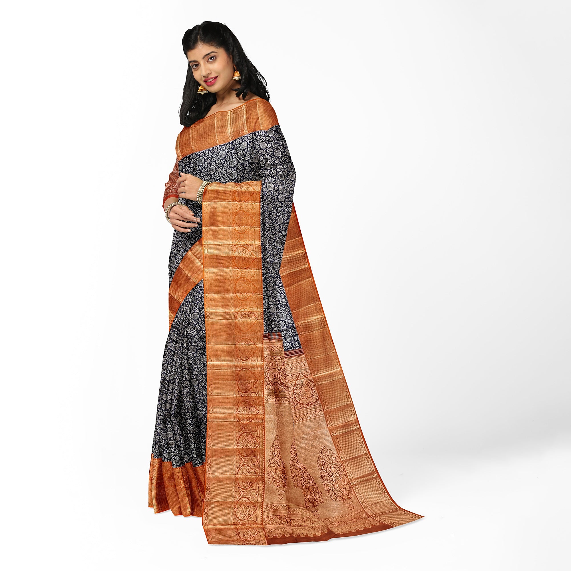 Navy Blue Kanjivaram Silk Saree with Dark Peach Zari Border – Elegant Handloom Wedding Saree Online - New Sudarshan Silks`