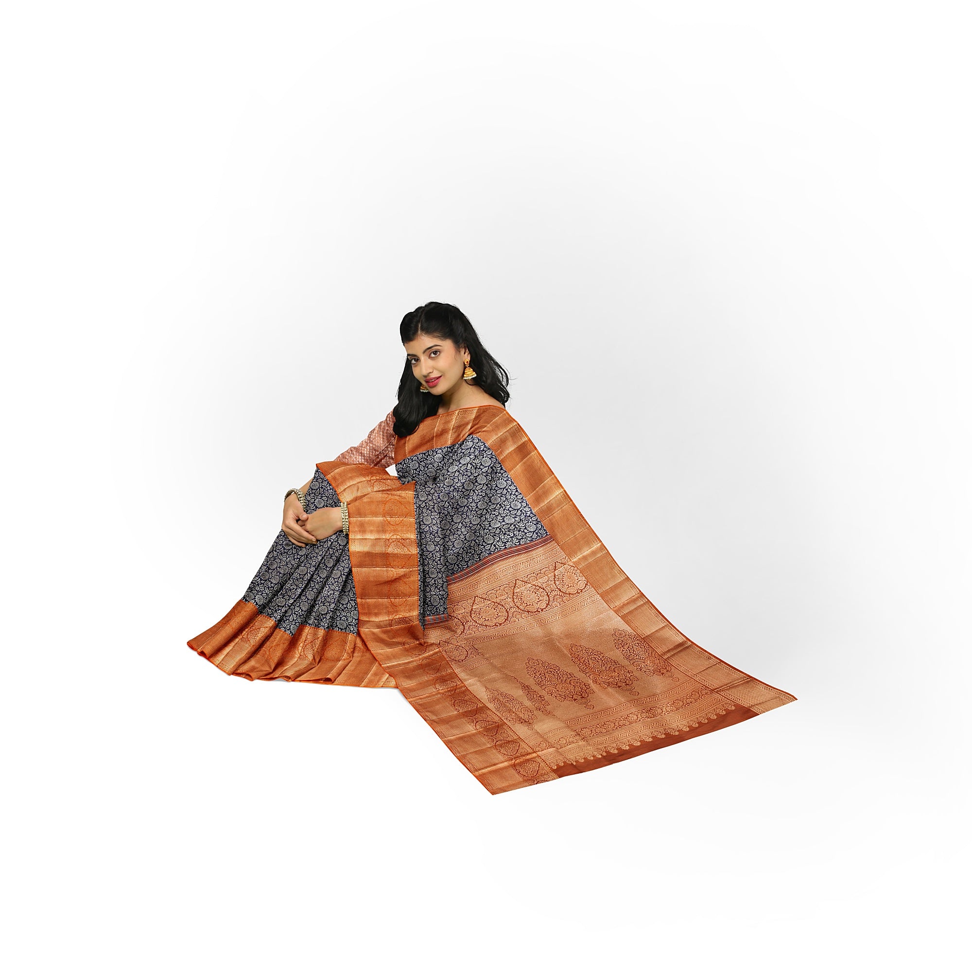 Navy Blue Kanjivaram Silk Saree with Dark Peach Zari Border – Elegant Handloom Wedding Saree Online - New Sudarshan Silks`