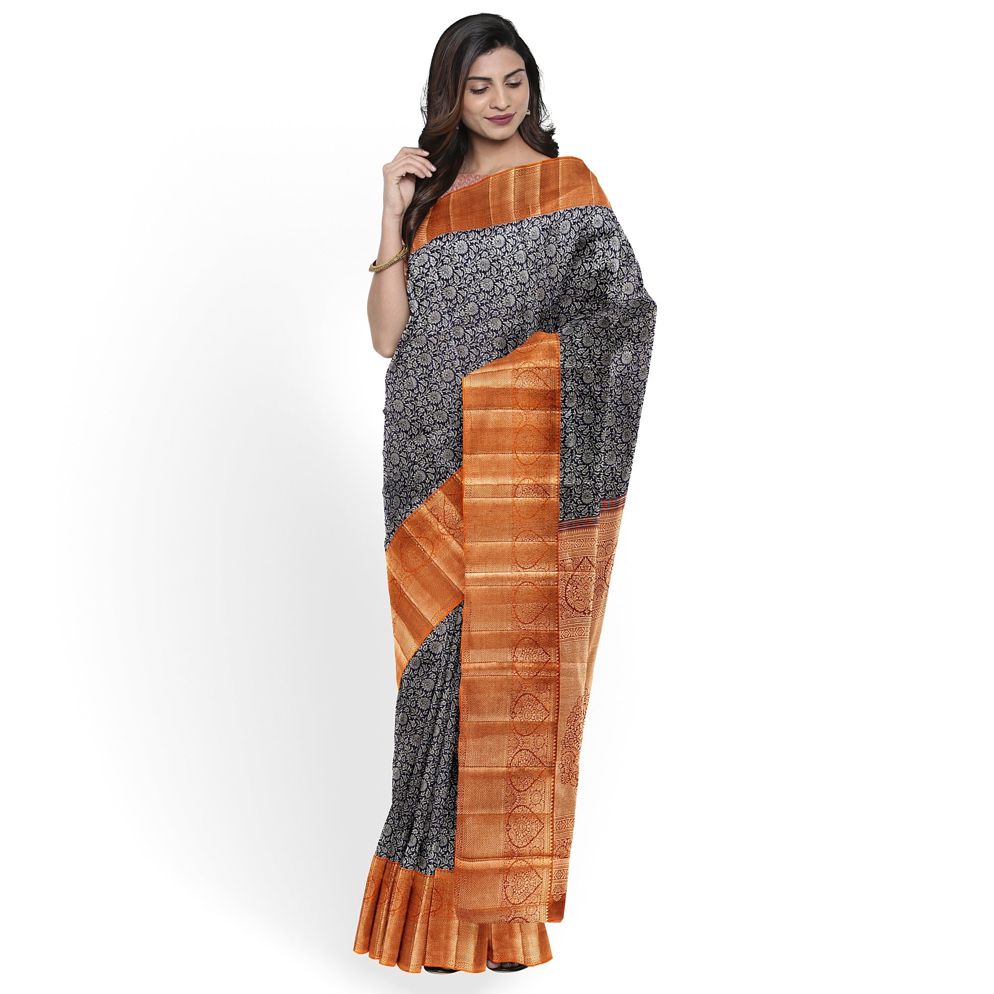Navy Blue Kanjivaram Silk Saree with Dark Peach Zari Border – Elegant Handloom Wedding Saree Online - New Sudarshan Silks`