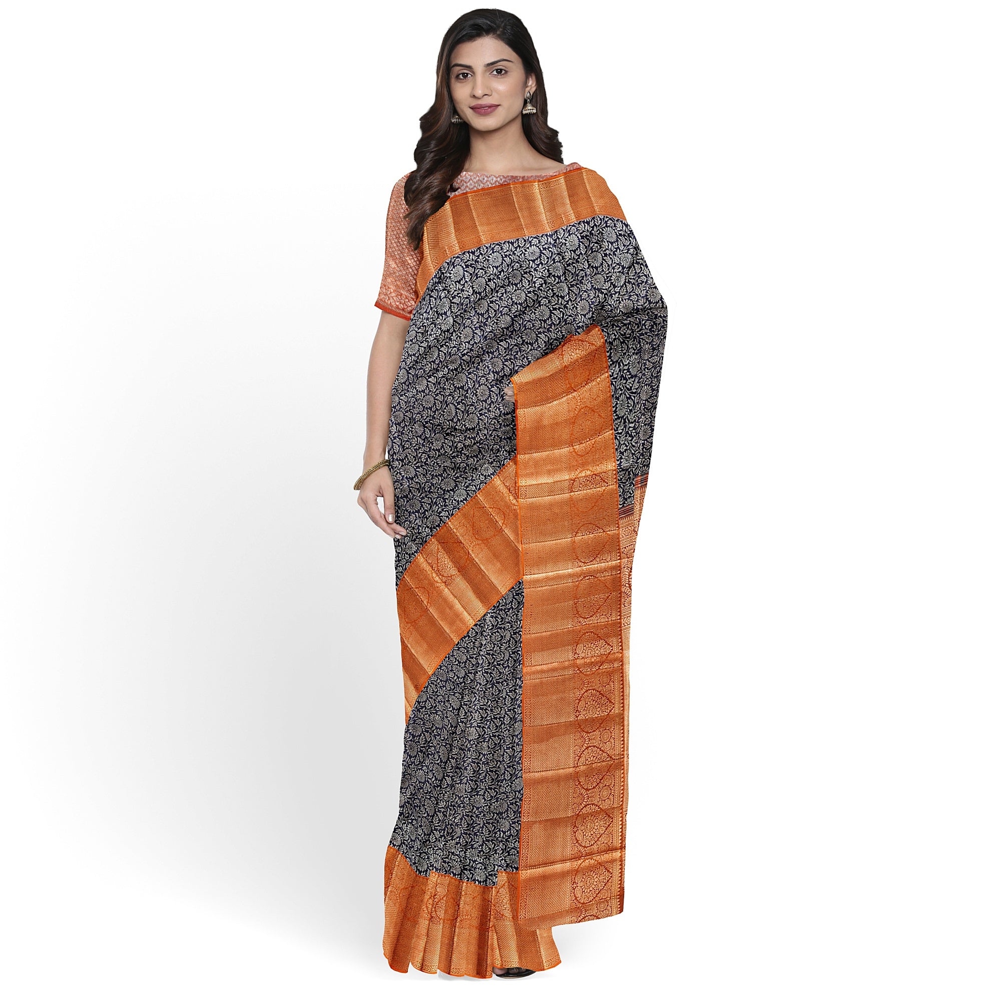 Navy Blue Kanjivaram Silk Saree with Dark Peach Zari Border – Elegant Handloom Wedding Saree Online - New Sudarshan Silks`