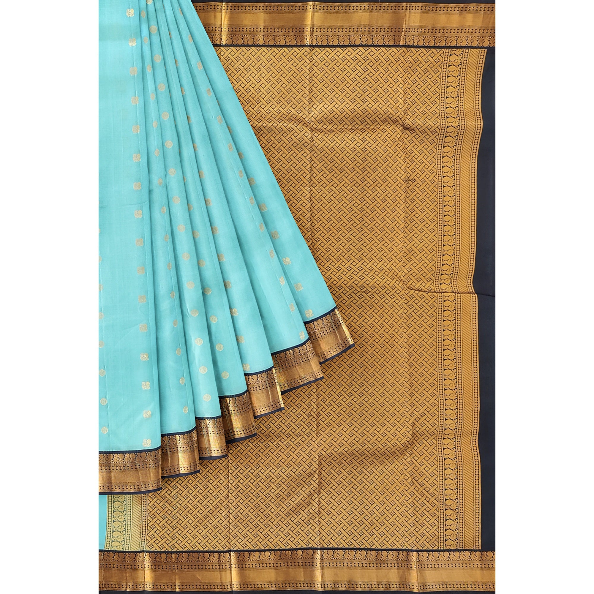 Sky Blue Kanjivaram Silk Saree with Black Peacock Zari Border – Elegant Handloom Saree for Weddings Online - New Sudarshan Silks`