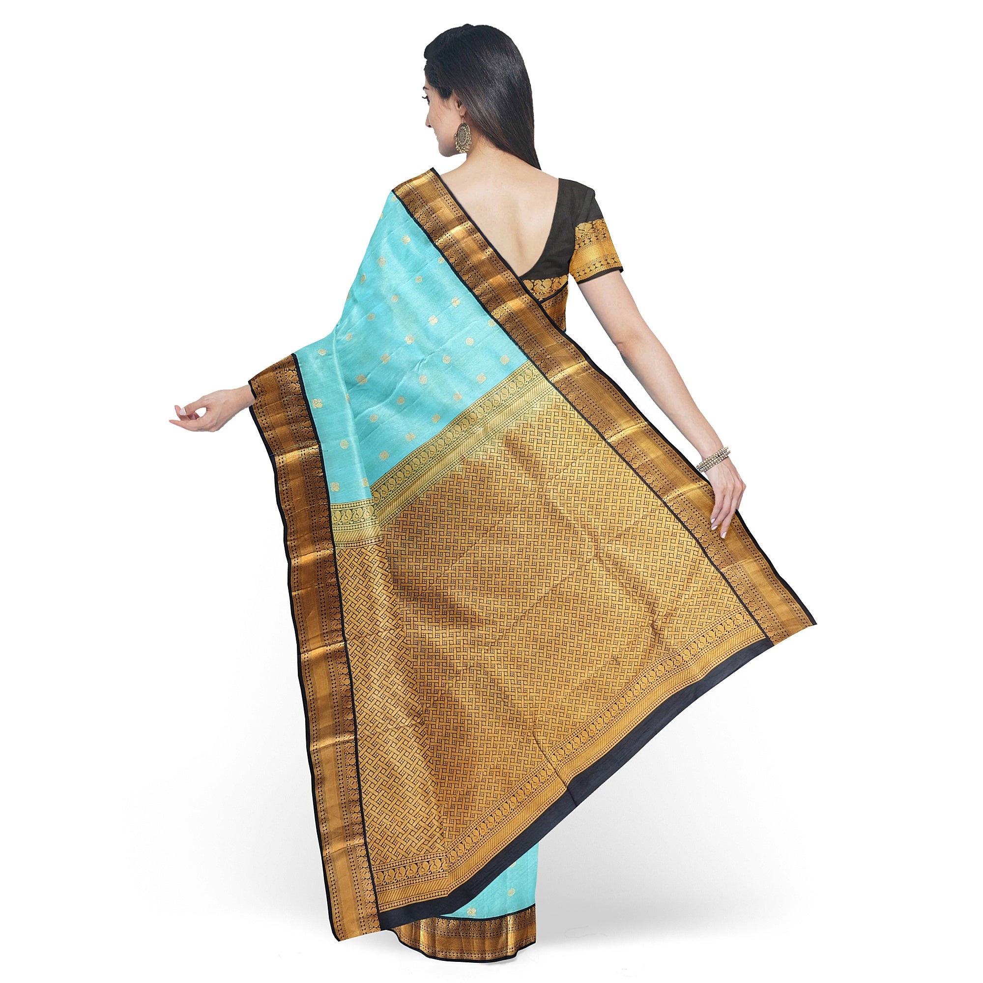 Sky Blue Kanjivaram Silk Saree with Black Peacock Zari Border – Elegant Handloom Saree for Weddings Online - New Sudarshan Silks`