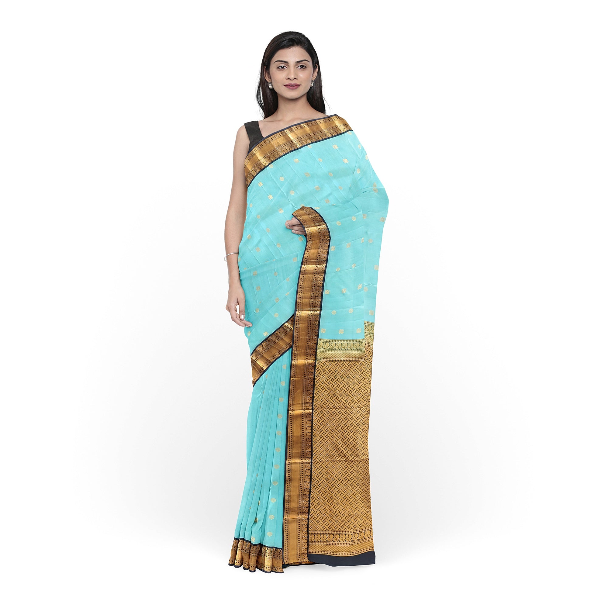 Sky Blue Kanjivaram Silk Saree with Black Peacock Zari Border – Elegant Handloom Saree for Weddings Online - New Sudarshan Silks`