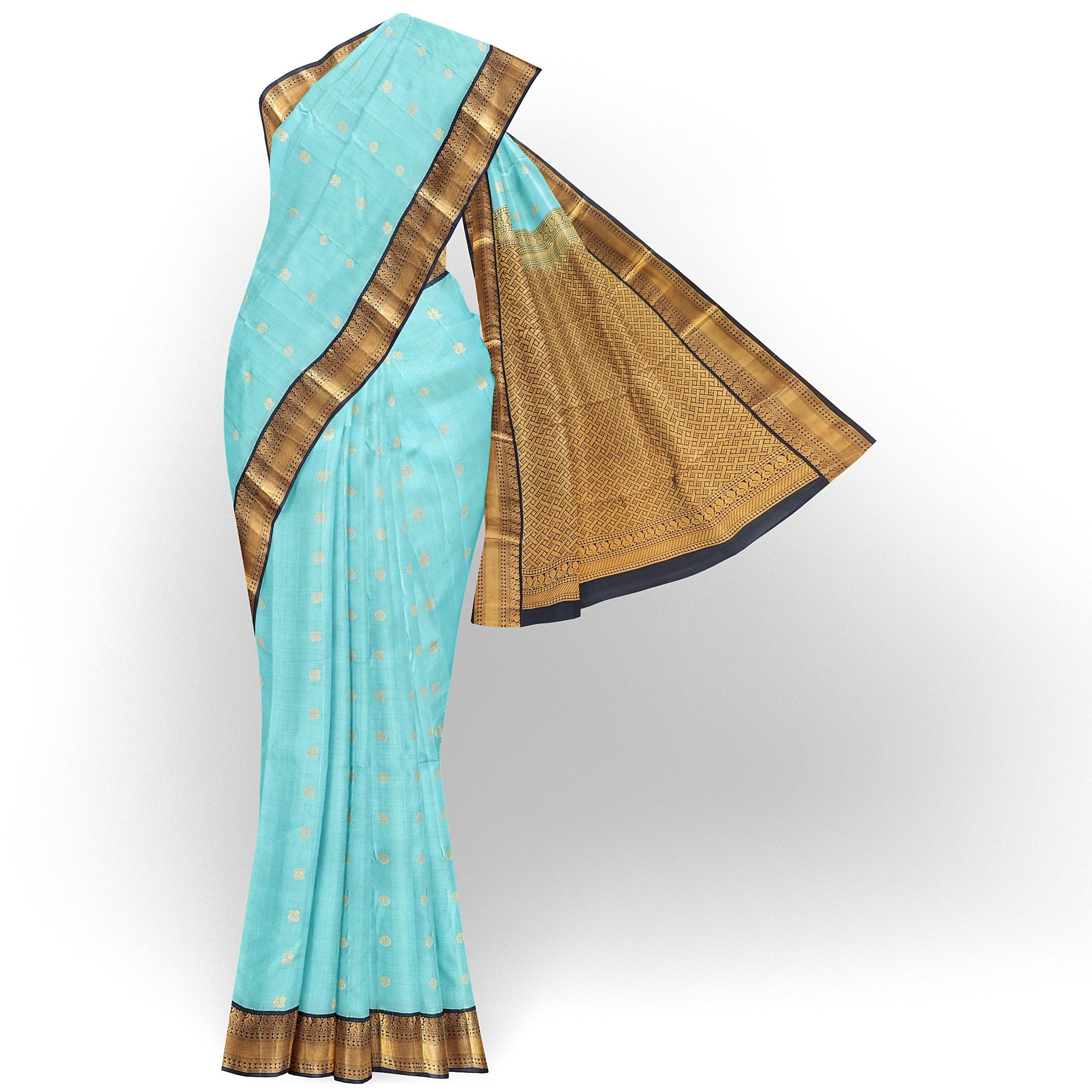 Sky Blue Kanjivaram Silk Saree with Black Peacock Zari Border – Elegant Handloom Saree for Weddings Online - New Sudarshan Silks`