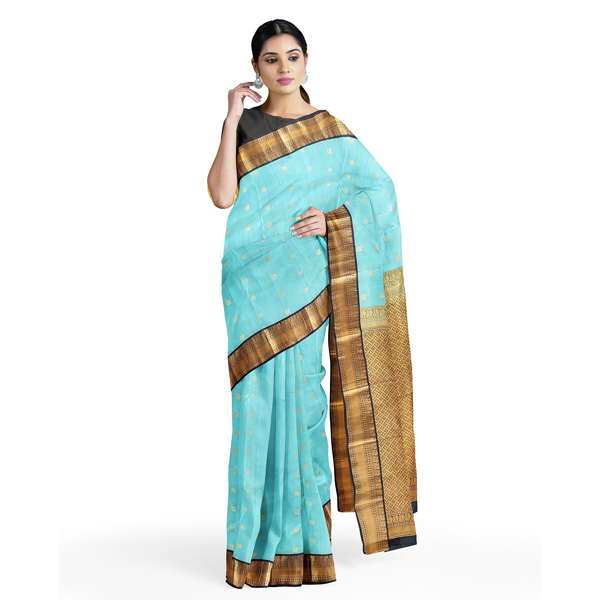 Sky Blue Kanjivaram Silk Saree with Black Peacock Zari Border – Elegant Handloom Saree for Weddings Online - New Sudarshan Silks`