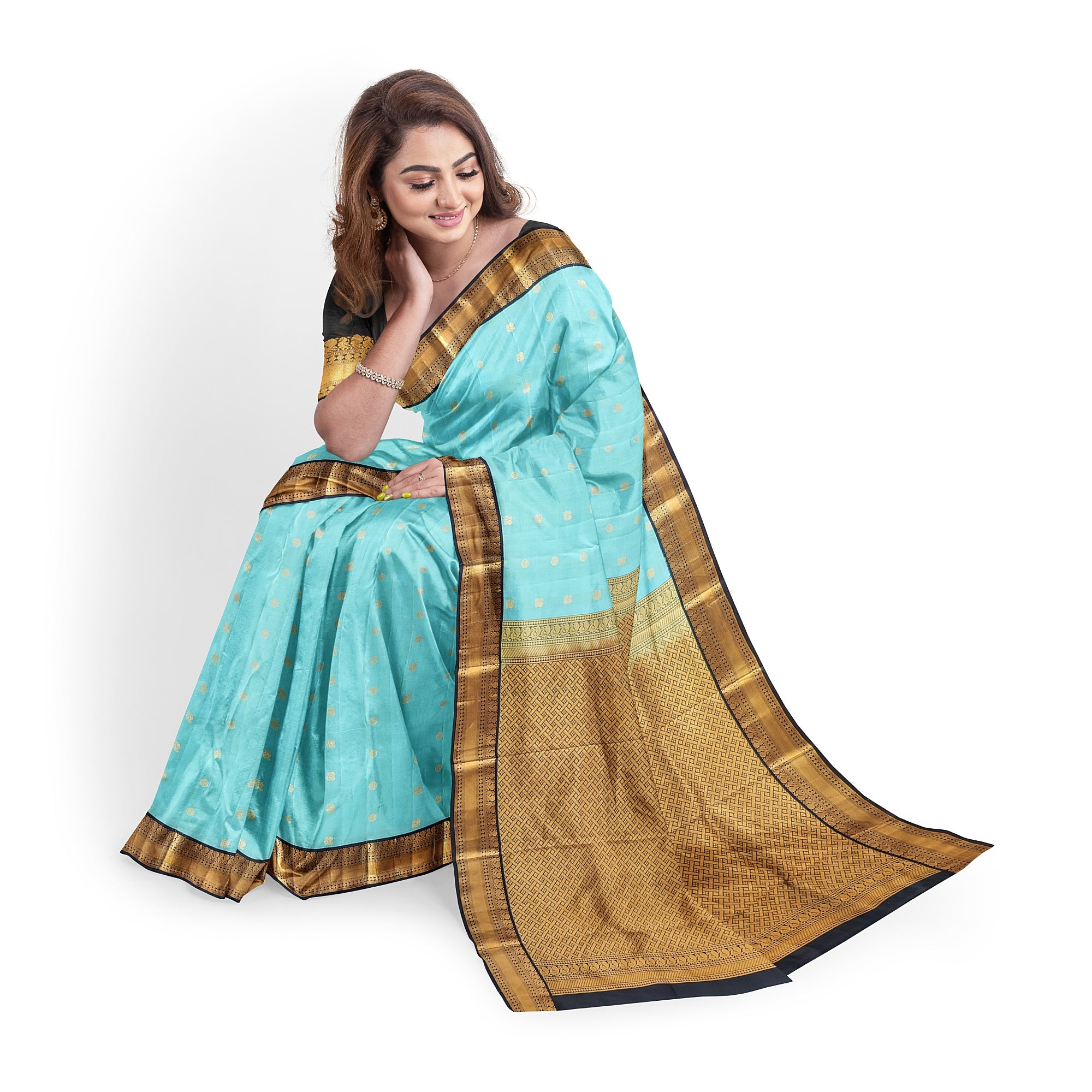 Sky Blue Kanjivaram Silk Saree with Black Peacock Zari Border – Elegant Handloom Saree for Weddings Online - New Sudarshan Silks`