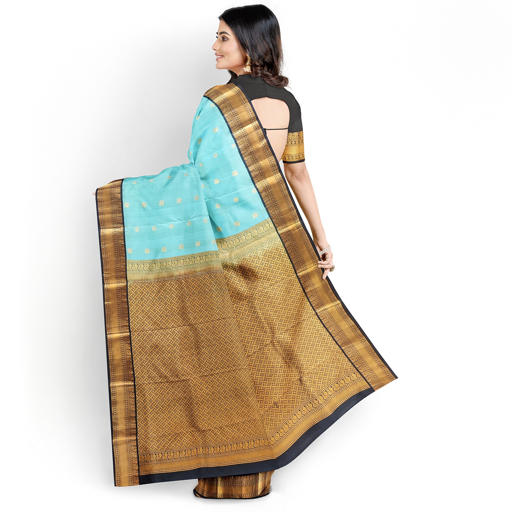 Sky Blue Kanjivaram Silk Saree with Black Peacock Zari Border – Elegant Handloom Saree for Weddings Online - New Sudarshan Silks`