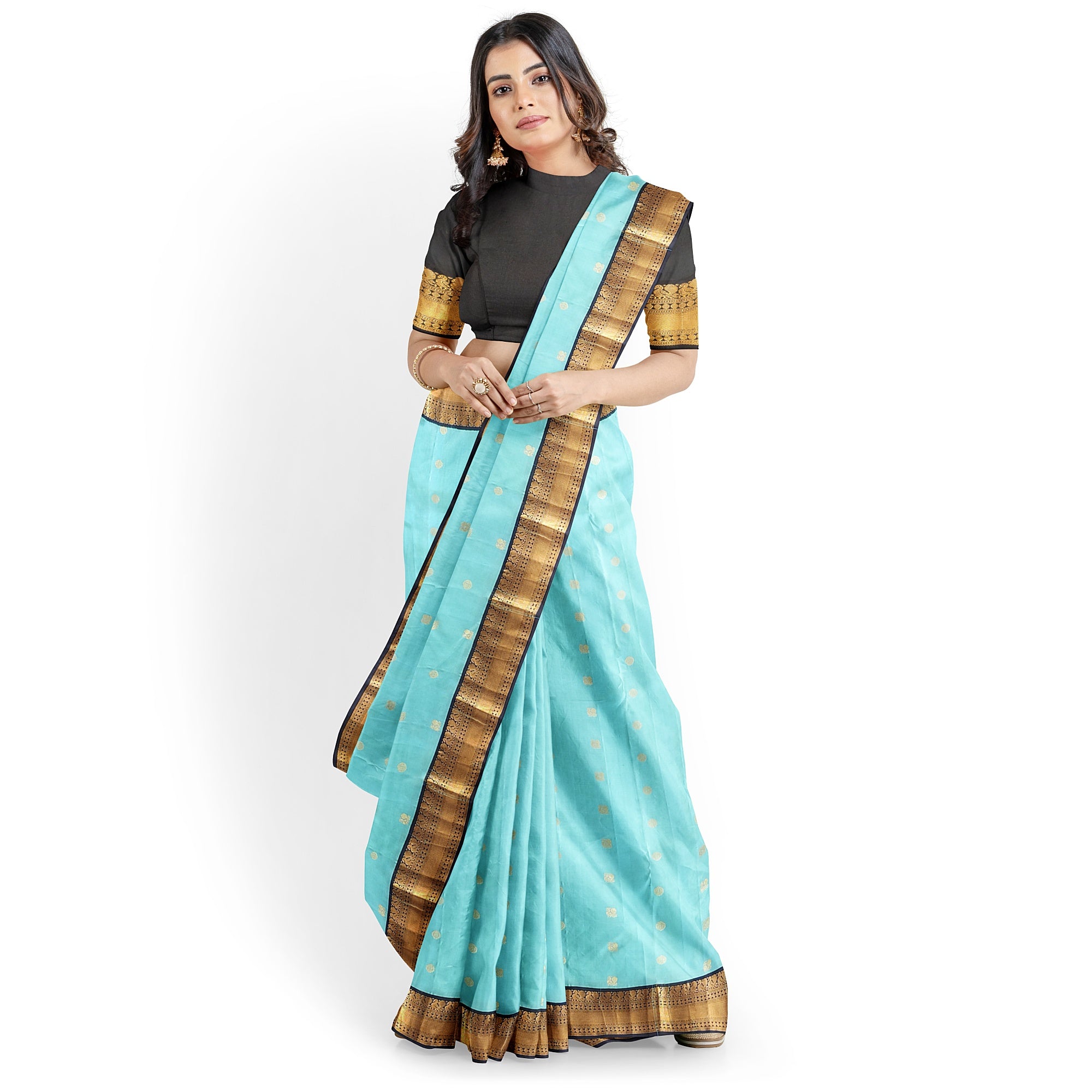 Sky Blue Kanjivaram Silk Saree with Black Peacock Zari Border – Elegant Handloom Saree for Weddings Online - New Sudarshan Silks`