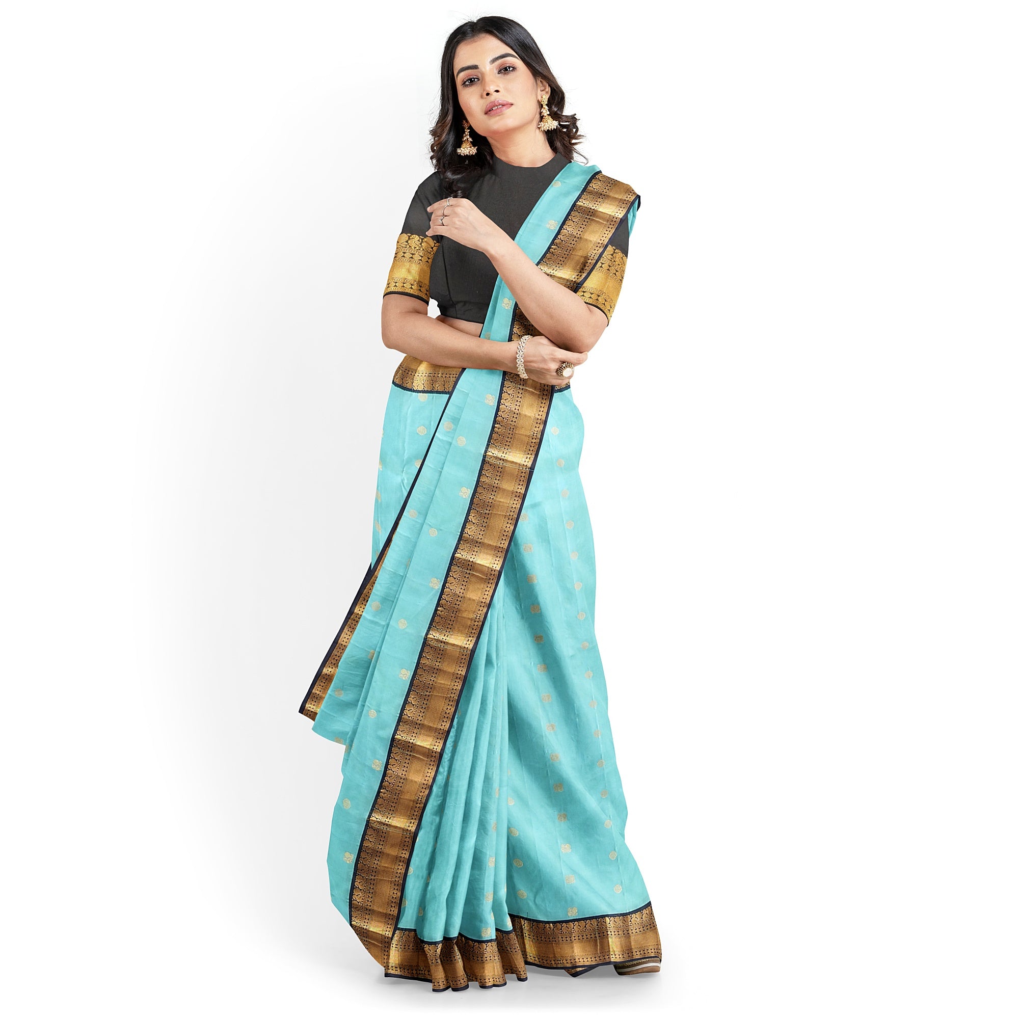Sky Blue Kanjivaram Silk Saree with Black Peacock Zari Border – Elegant Handloom Saree for Weddings Online - New Sudarshan Silks`