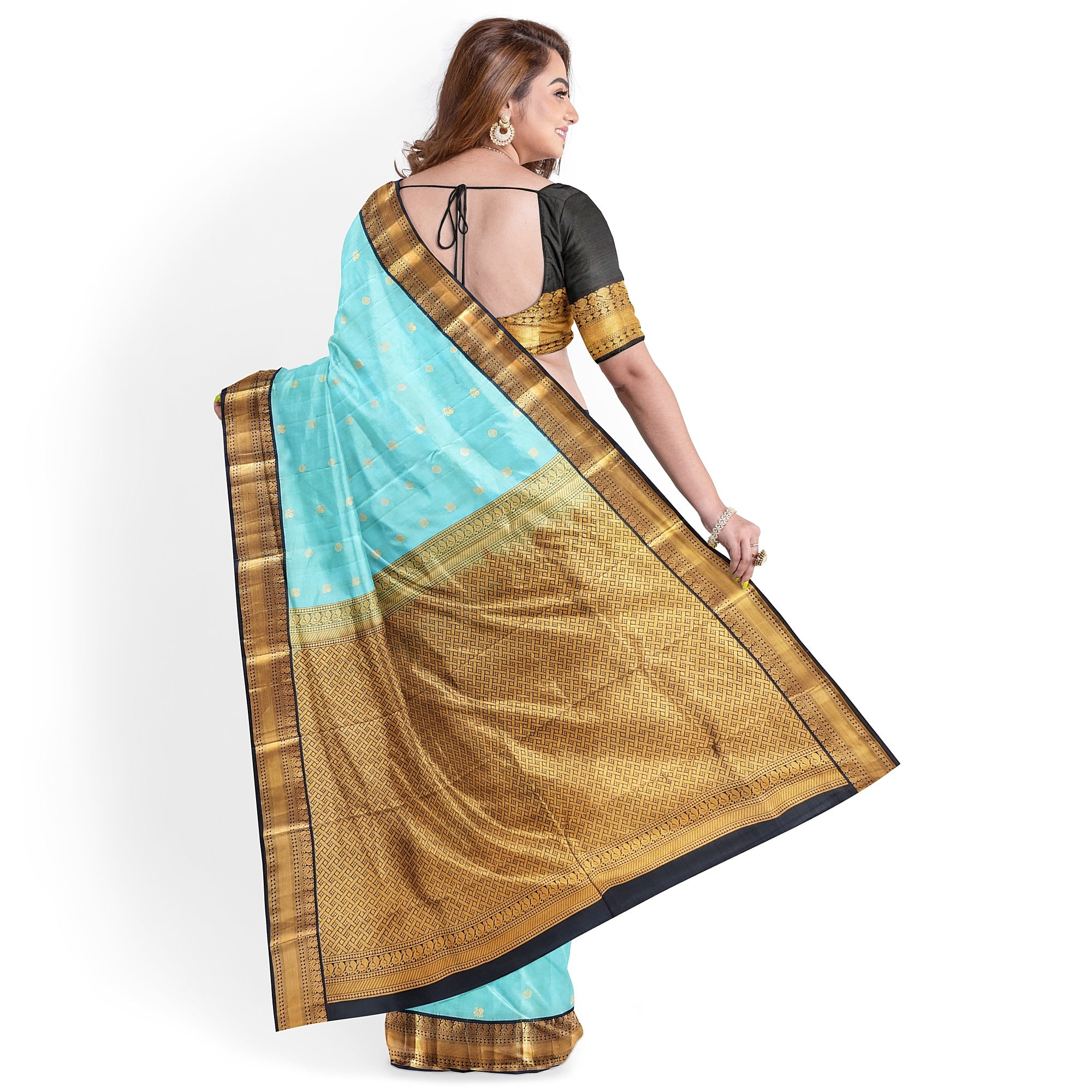 Sky Blue Kanjivaram Silk Saree with Black Peacock Zari Border – Elegant Handloom Saree for Weddings Online - New Sudarshan Silks`