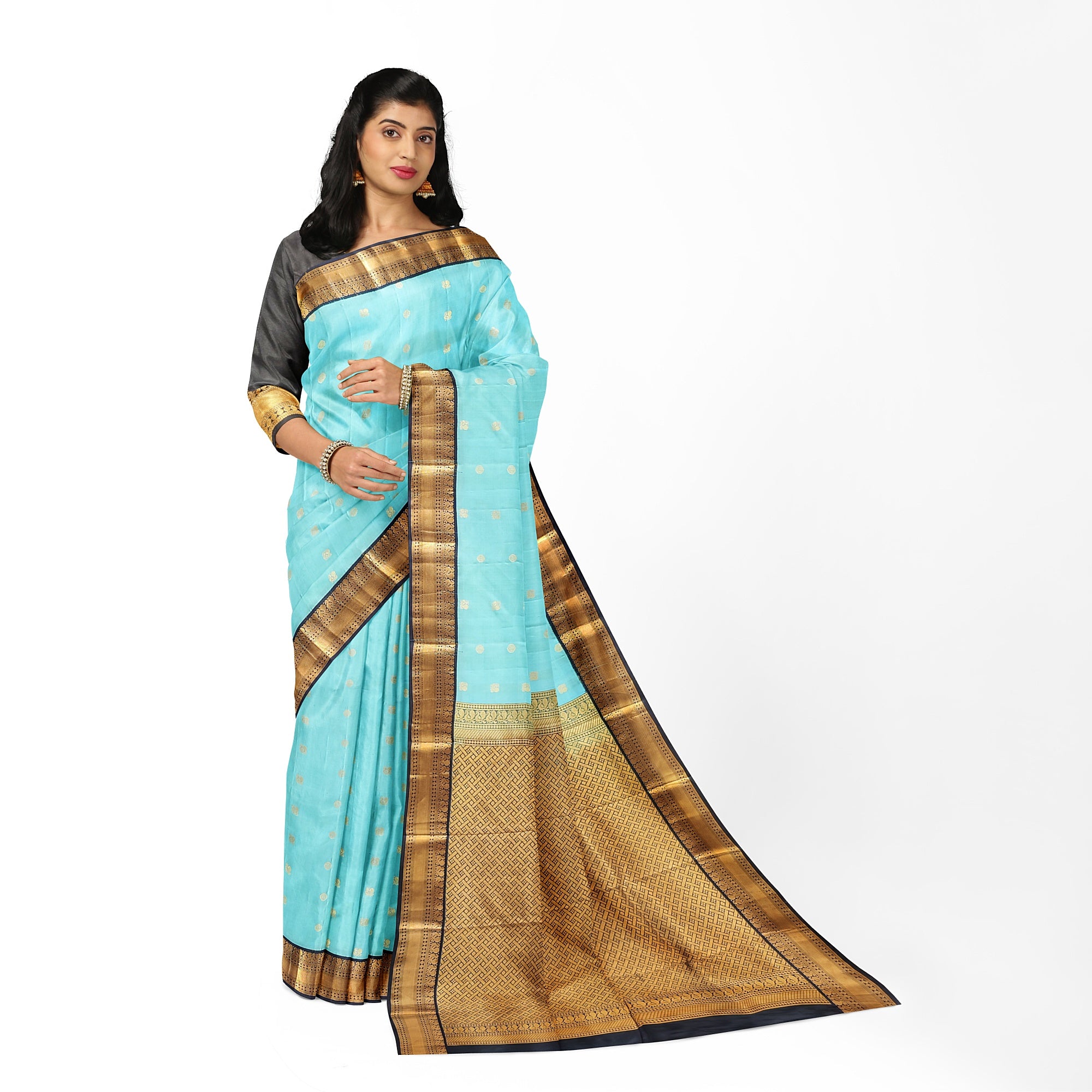 Sky Blue Kanjivaram Silk Saree with Black Peacock Zari Border – Elegant Handloom Saree for Weddings Online - New Sudarshan Silks`
