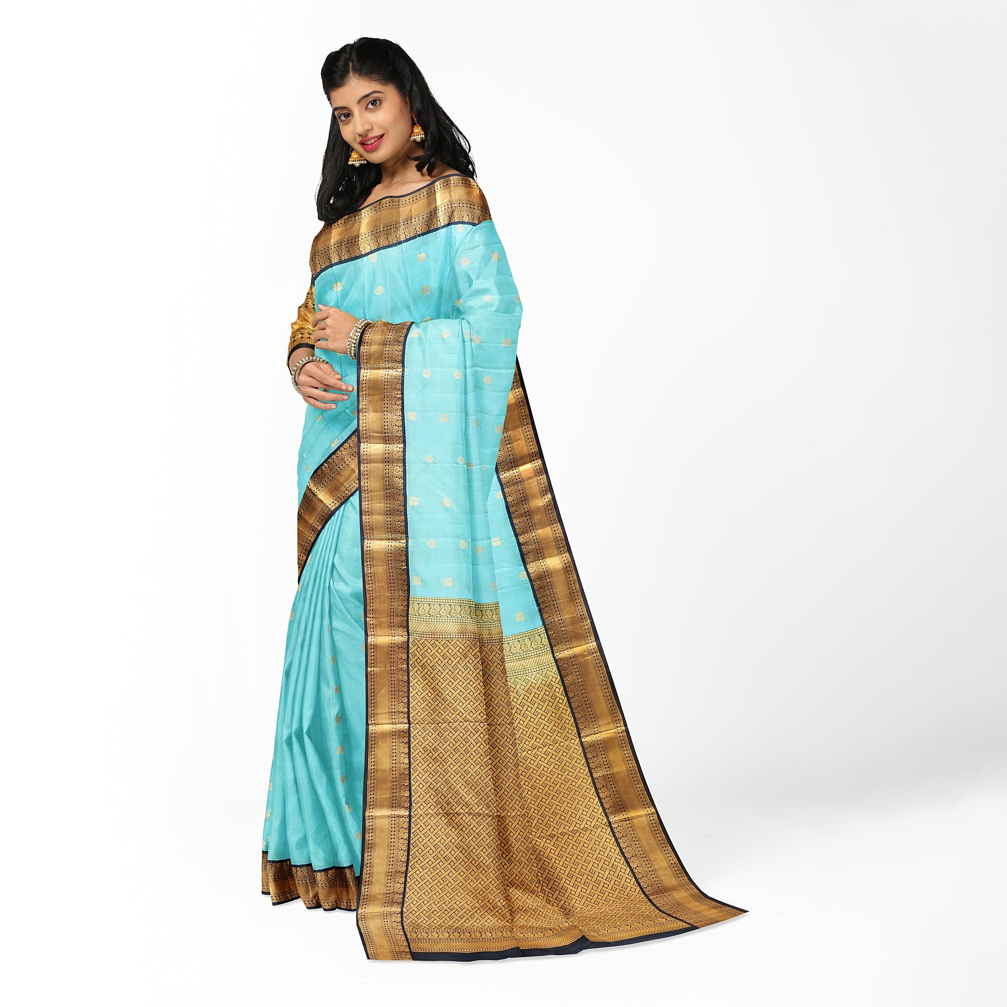 Sky Blue Kanjivaram Silk Saree with Black Peacock Zari Border – Elegant Handloom Saree for Weddings Online - New Sudarshan Silks`