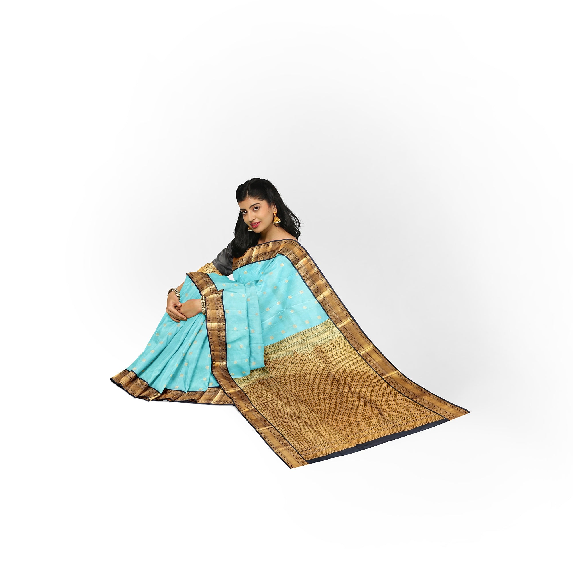 Sky Blue Kanjivaram Silk Saree with Black Peacock Zari Border – Elegant Handloom Saree for Weddings Online - New Sudarshan Silks`