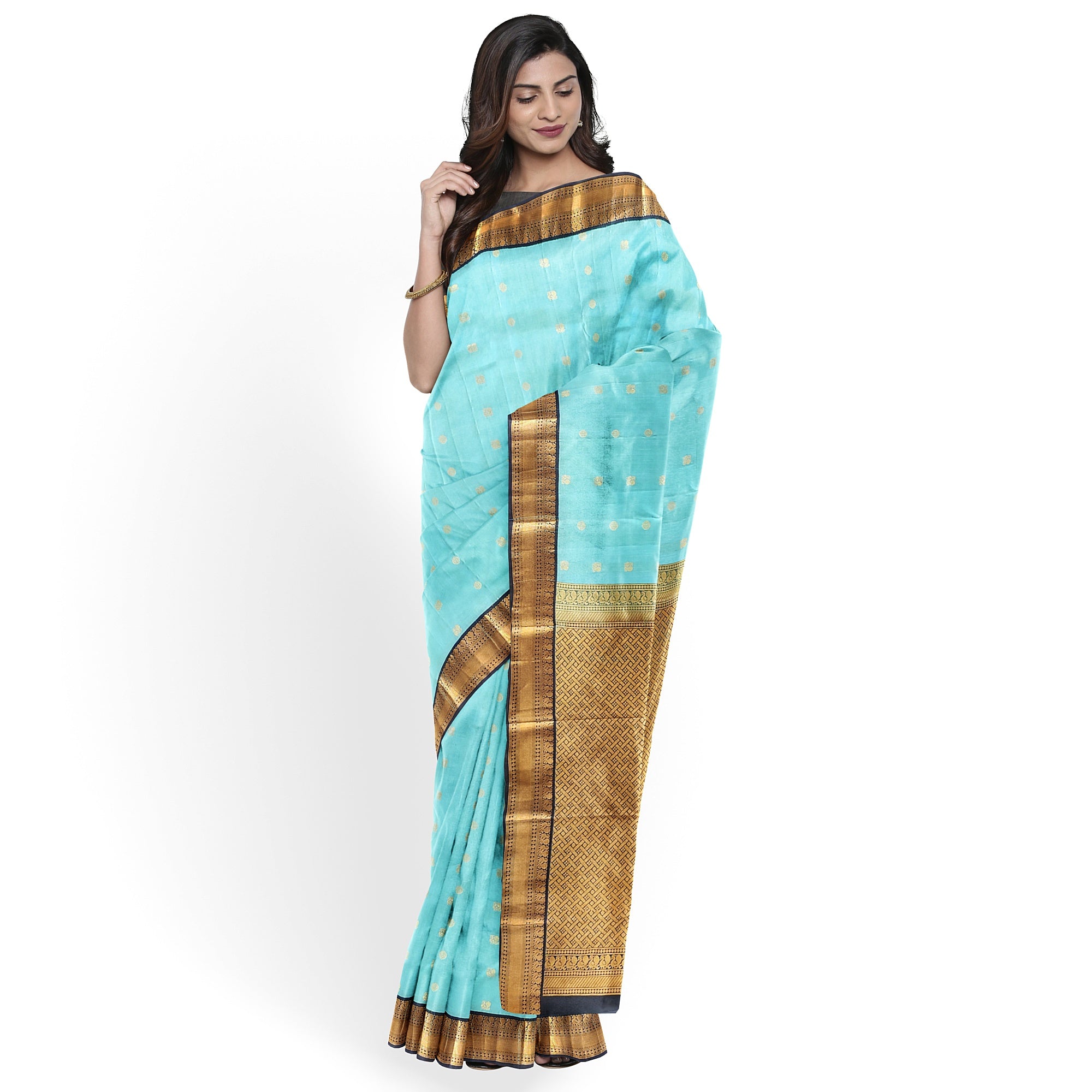 Sky Blue Kanjivaram Silk Saree with Black Peacock Zari Border – Elegant Handloom Saree for Weddings Online - New Sudarshan Silks`