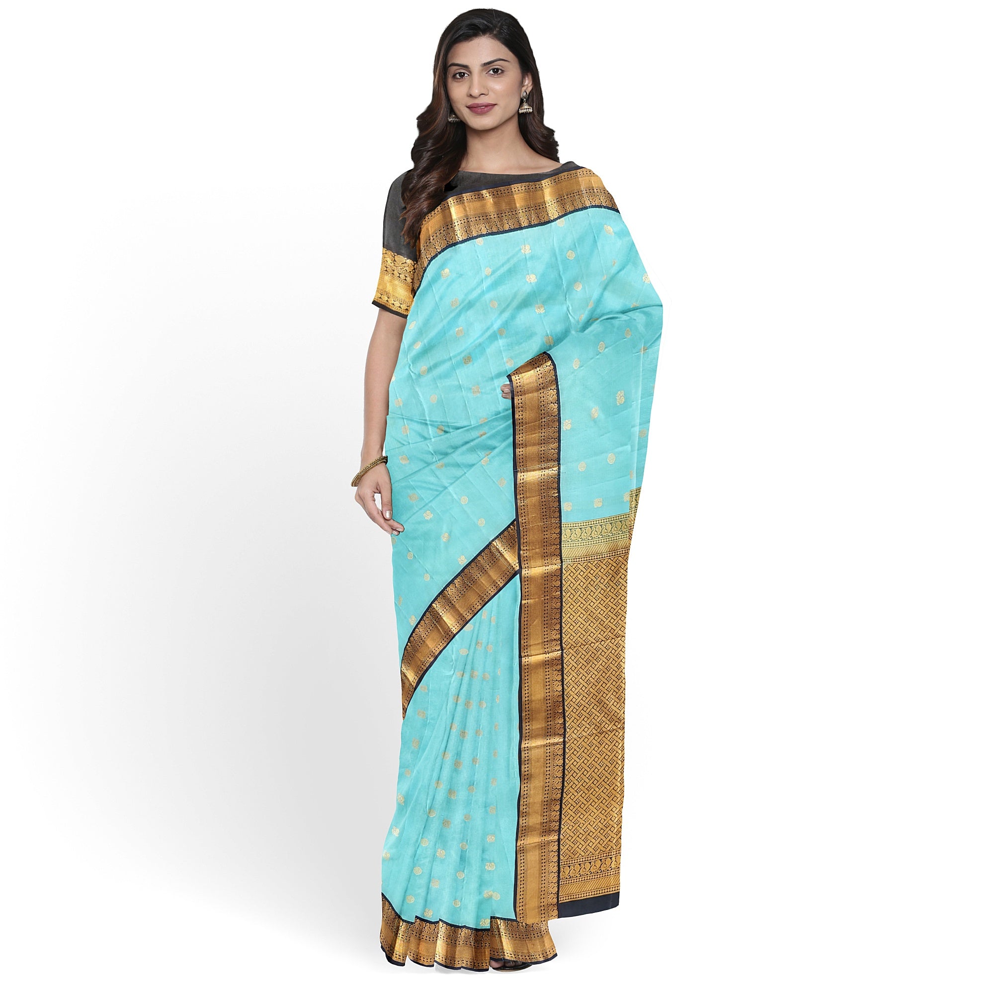 Sky Blue Kanjivaram Silk Saree with Black Peacock Zari Border – Elegant Handloom Saree for Weddings Online - New Sudarshan Silks`