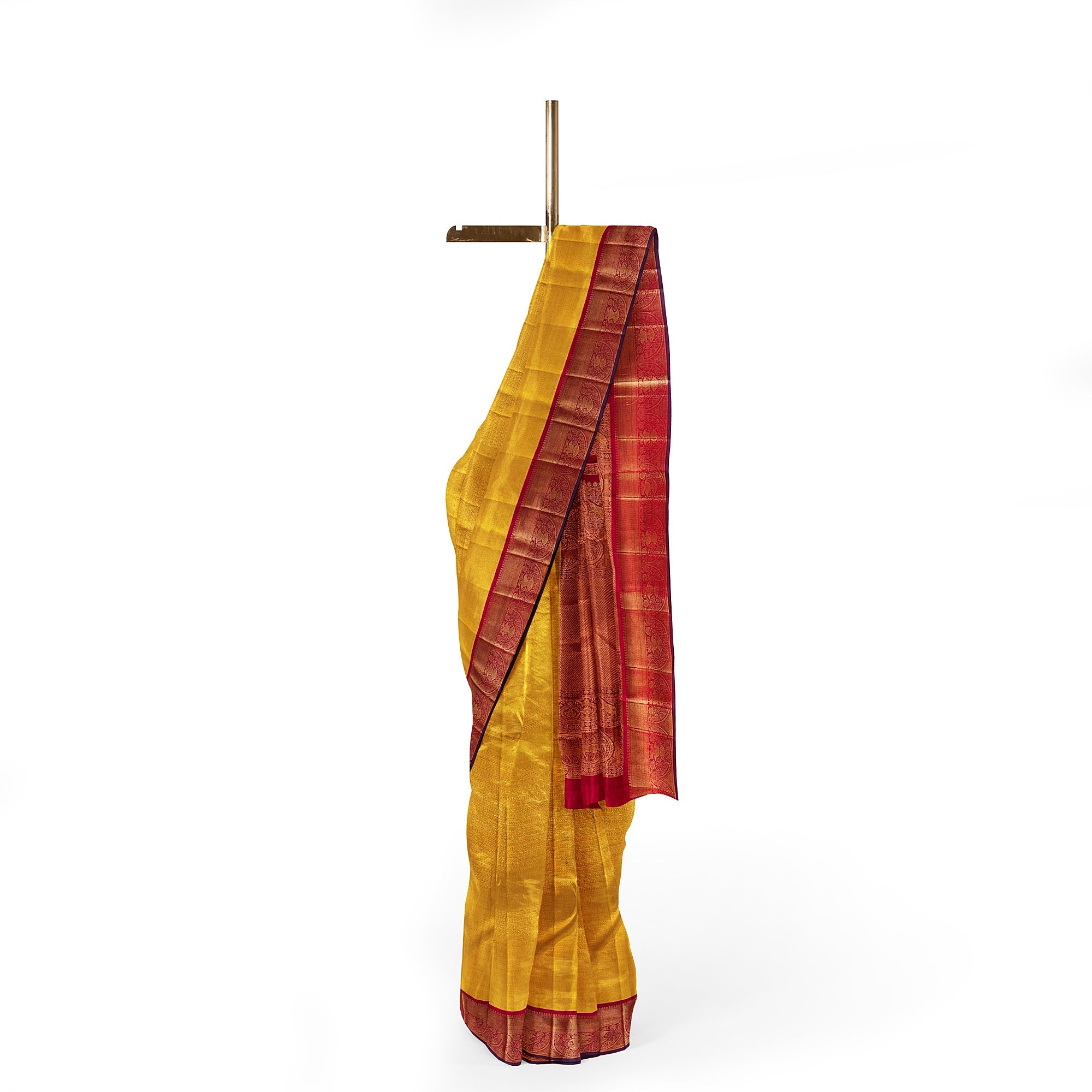 Yellow Brocade Kanjivaram Silk Saree with Red Zari Border – Pure Handloom Bridal Saree Online - New Sudarshan Silks`