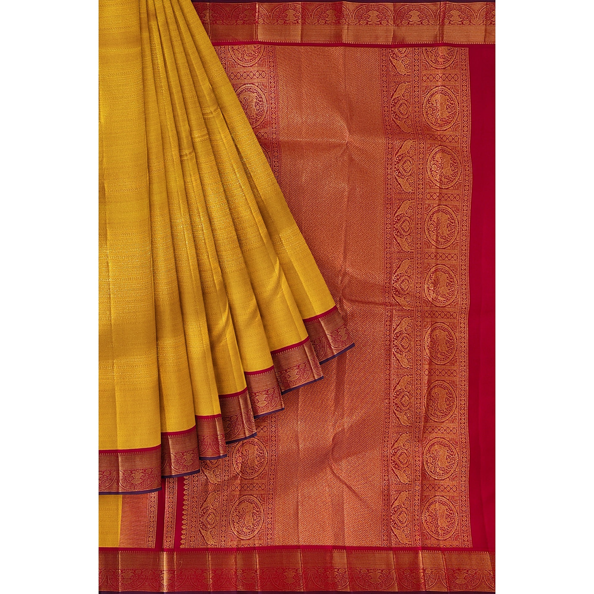 Yellow Brocade Kanjivaram Silk Saree with Red Zari Border – Pure Handloom Bridal Saree Online - New Sudarshan Silks`