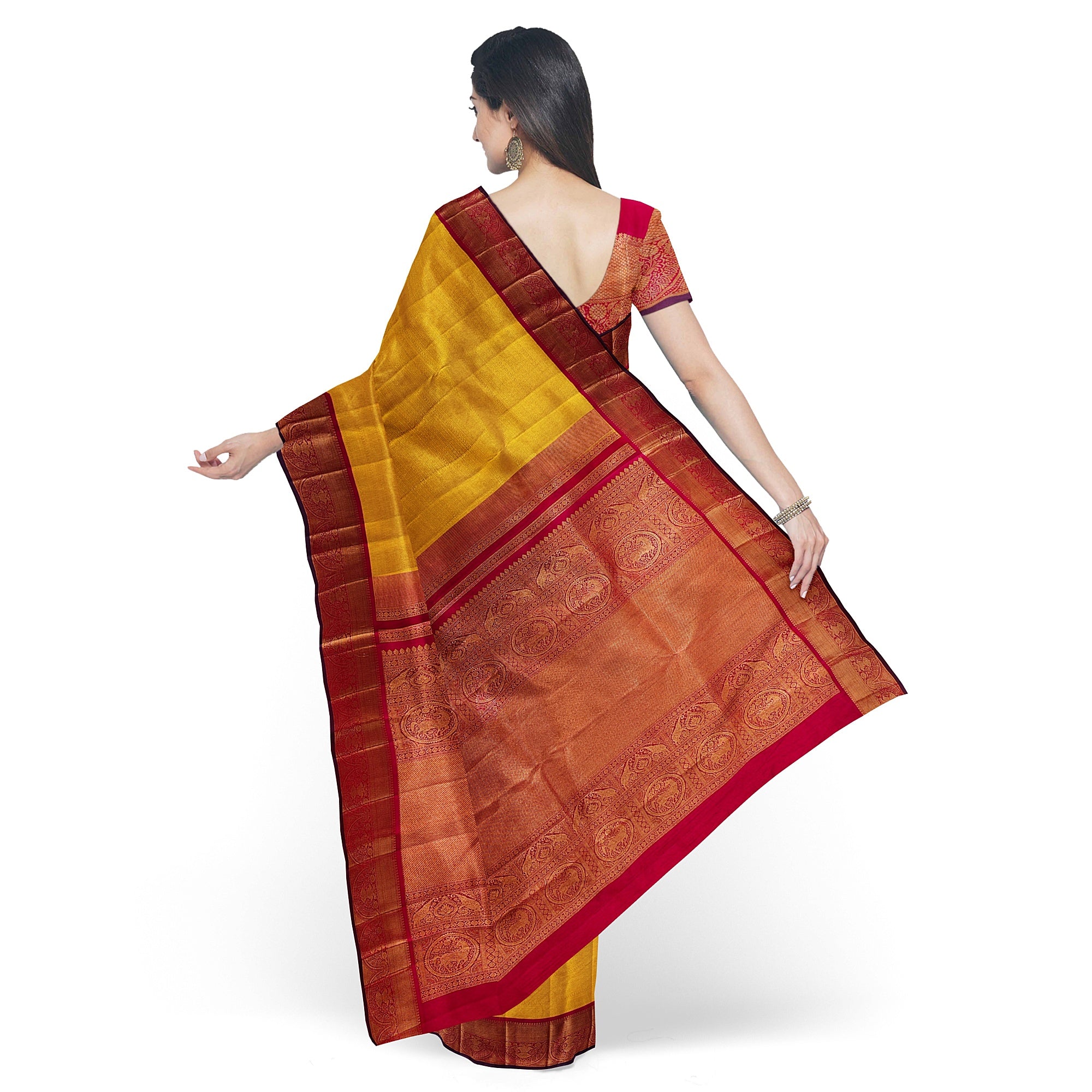 Yellow Brocade Kanjivaram Silk Saree with Red Zari Border – Pure Handloom Bridal Saree Online - New Sudarshan Silks`