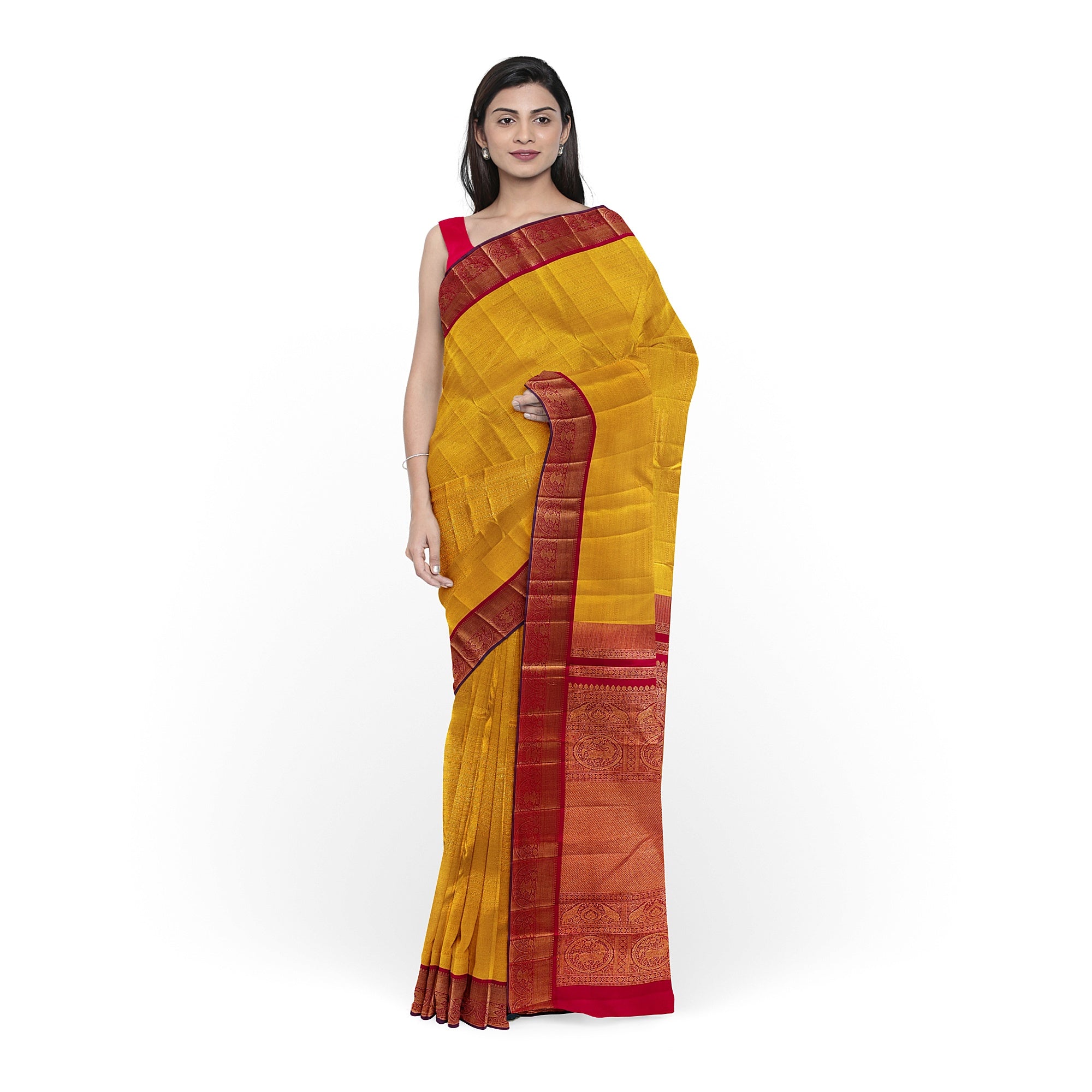 Yellow Brocade Kanjivaram Silk Saree with Red Zari Border – Pure Handloom Bridal Saree Online - New Sudarshan Silks`