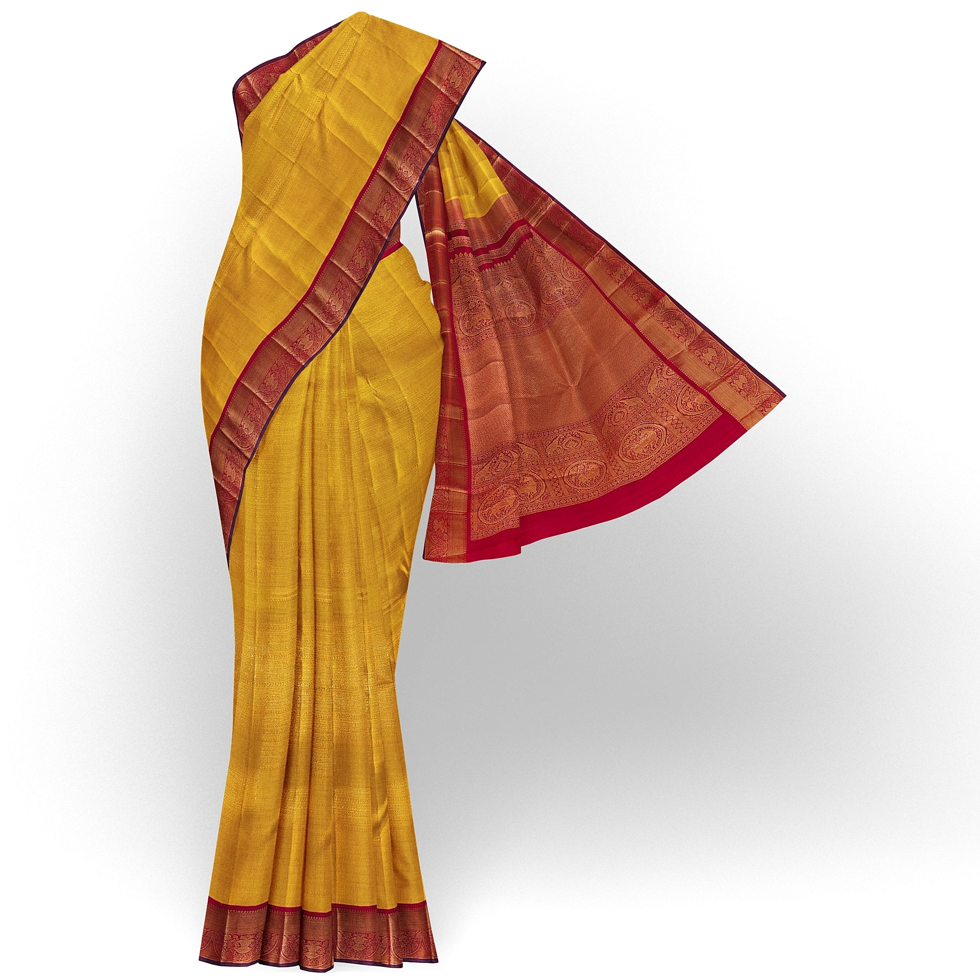 Yellow Brocade Kanjivaram Silk Saree with Red Zari Border – Pure Handloom Bridal Saree Online - New Sudarshan Silks`