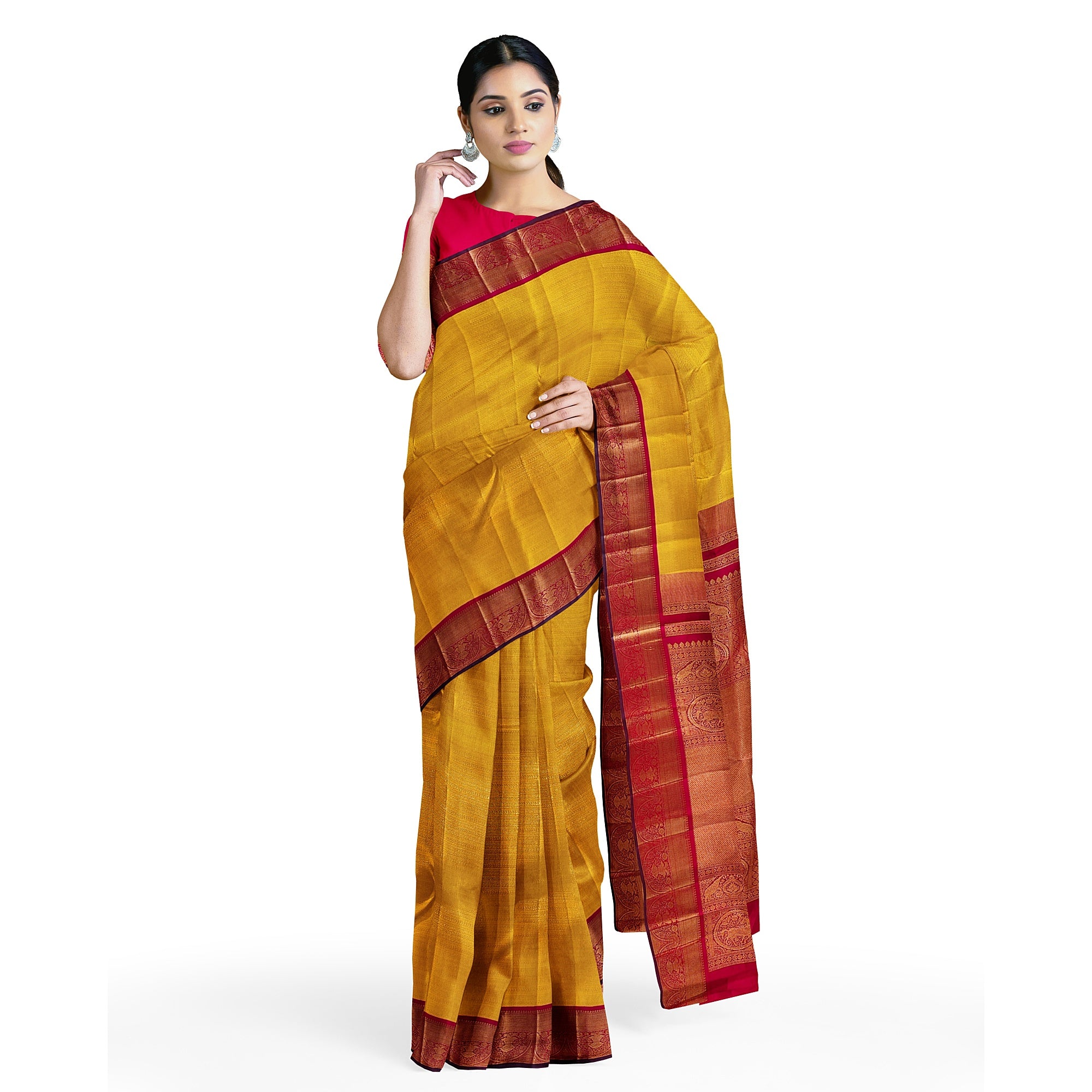 Yellow Brocade Kanjivaram Silk Saree with Red Zari Border – Pure Handloom Bridal Saree Online - New Sudarshan Silks`