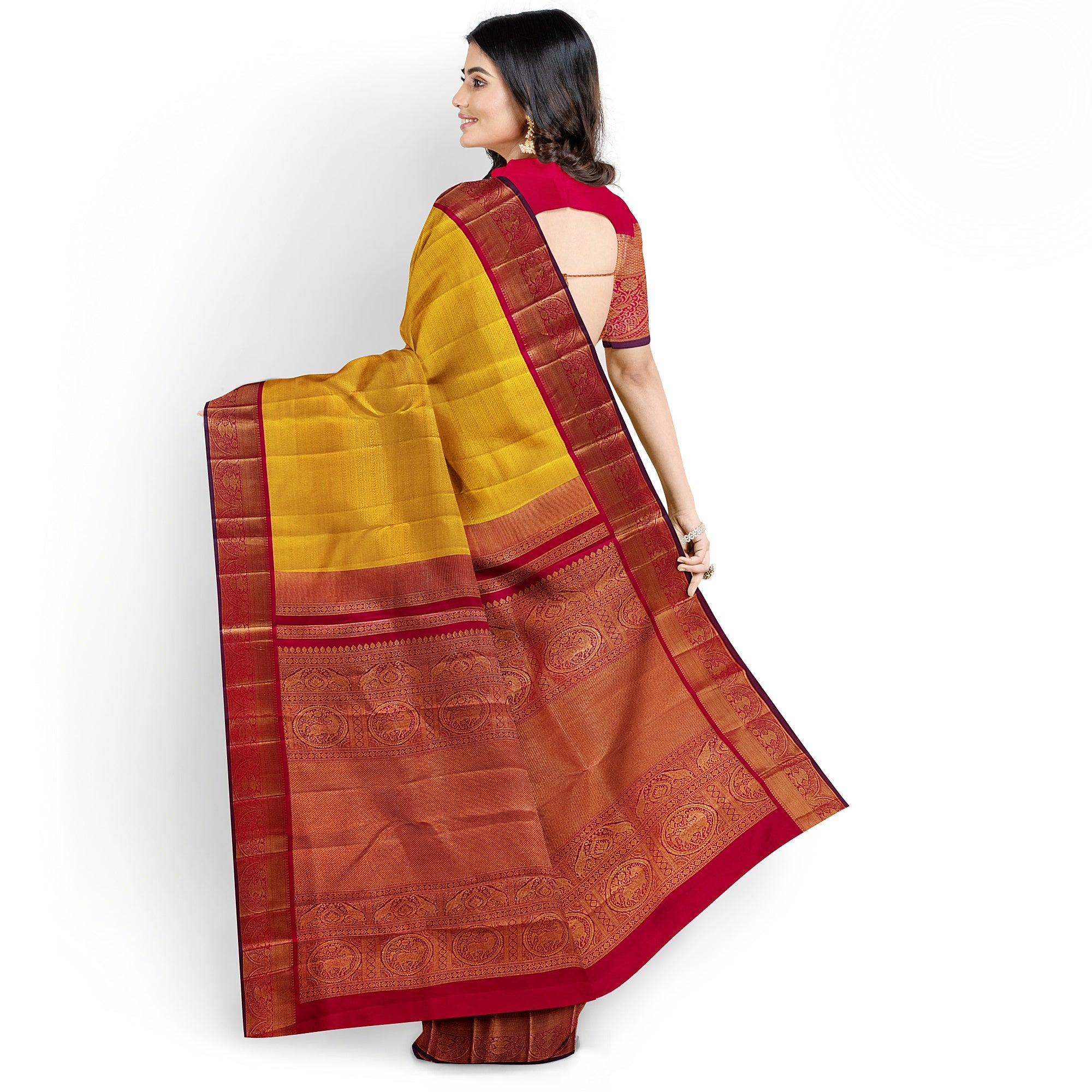 Yellow Brocade Kanjivaram Silk Saree with Red Zari Border – Pure Handloom Bridal Saree Online - New Sudarshan Silks`