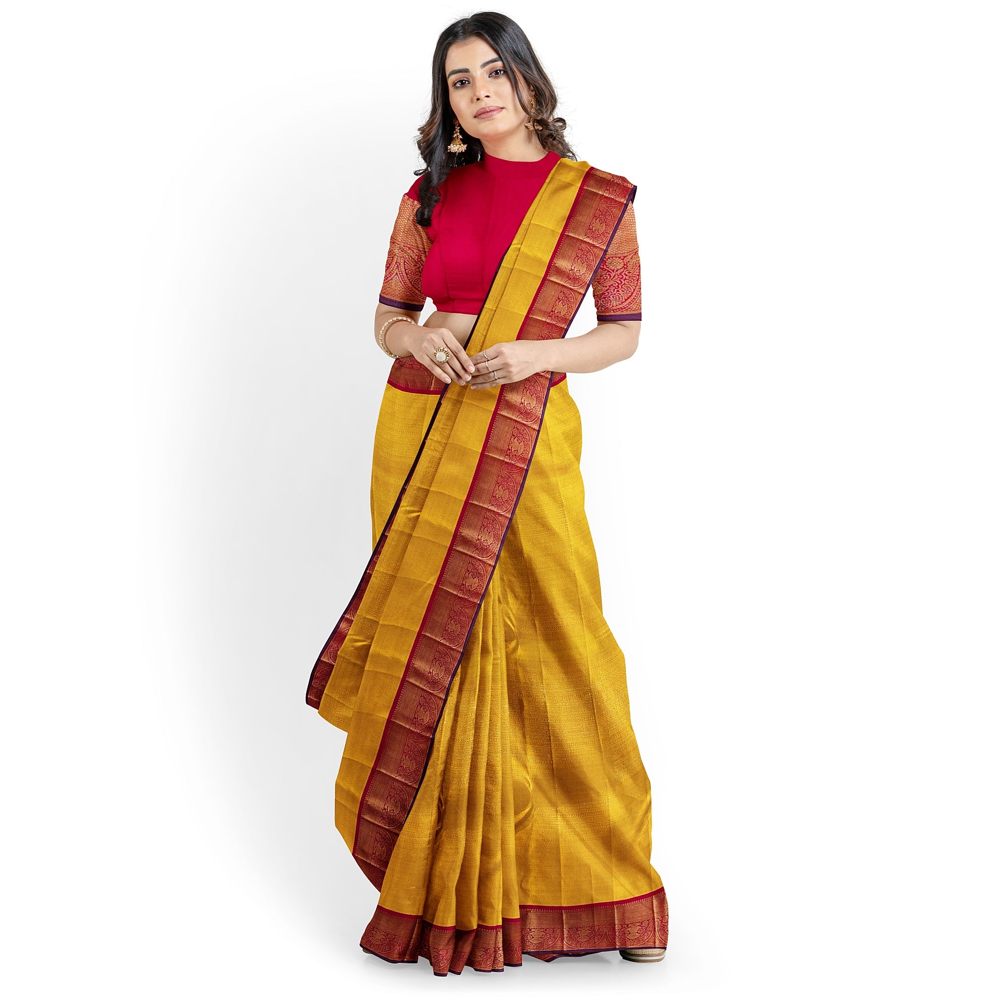 Yellow Brocade Kanjivaram Silk Saree with Red Zari Border – Pure Handloom Bridal Saree Online - New Sudarshan Silks`