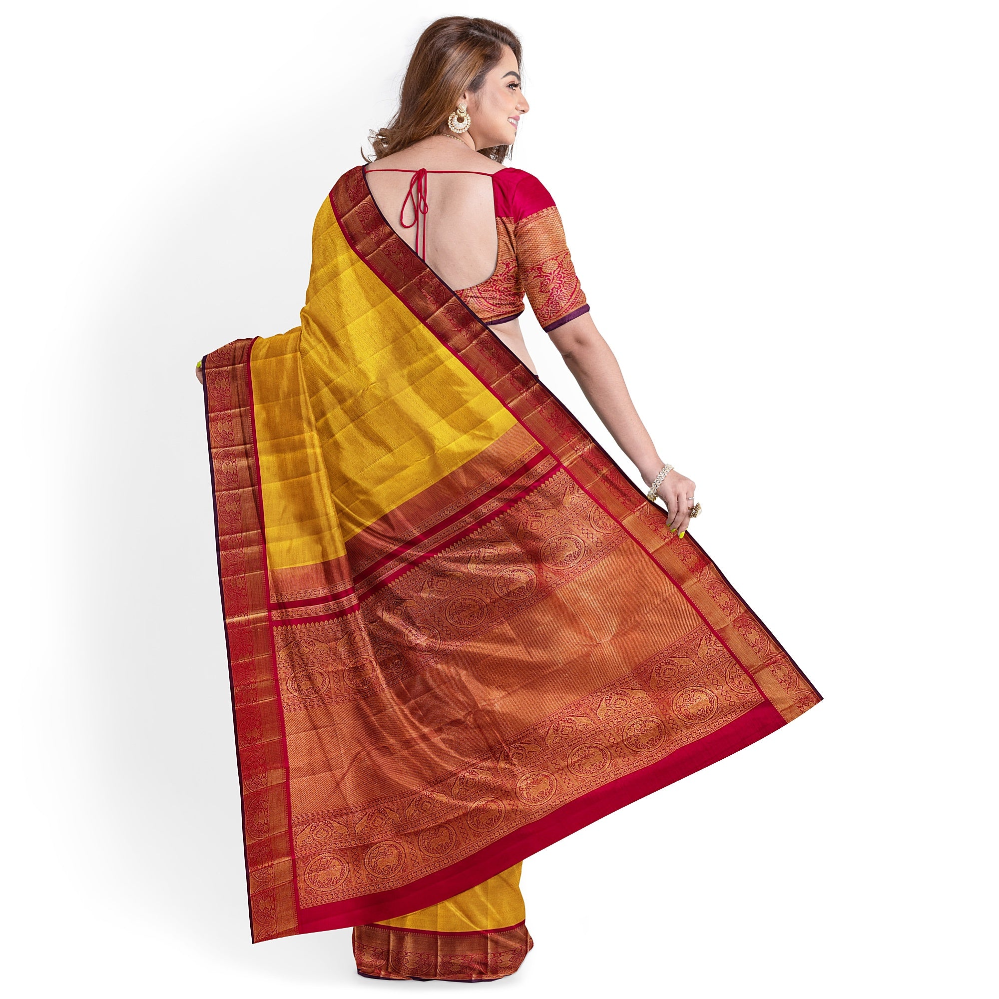 Yellow Brocade Kanjivaram Silk Saree with Red Zari Border – Pure Handloom Bridal Saree Online - New Sudarshan Silks`