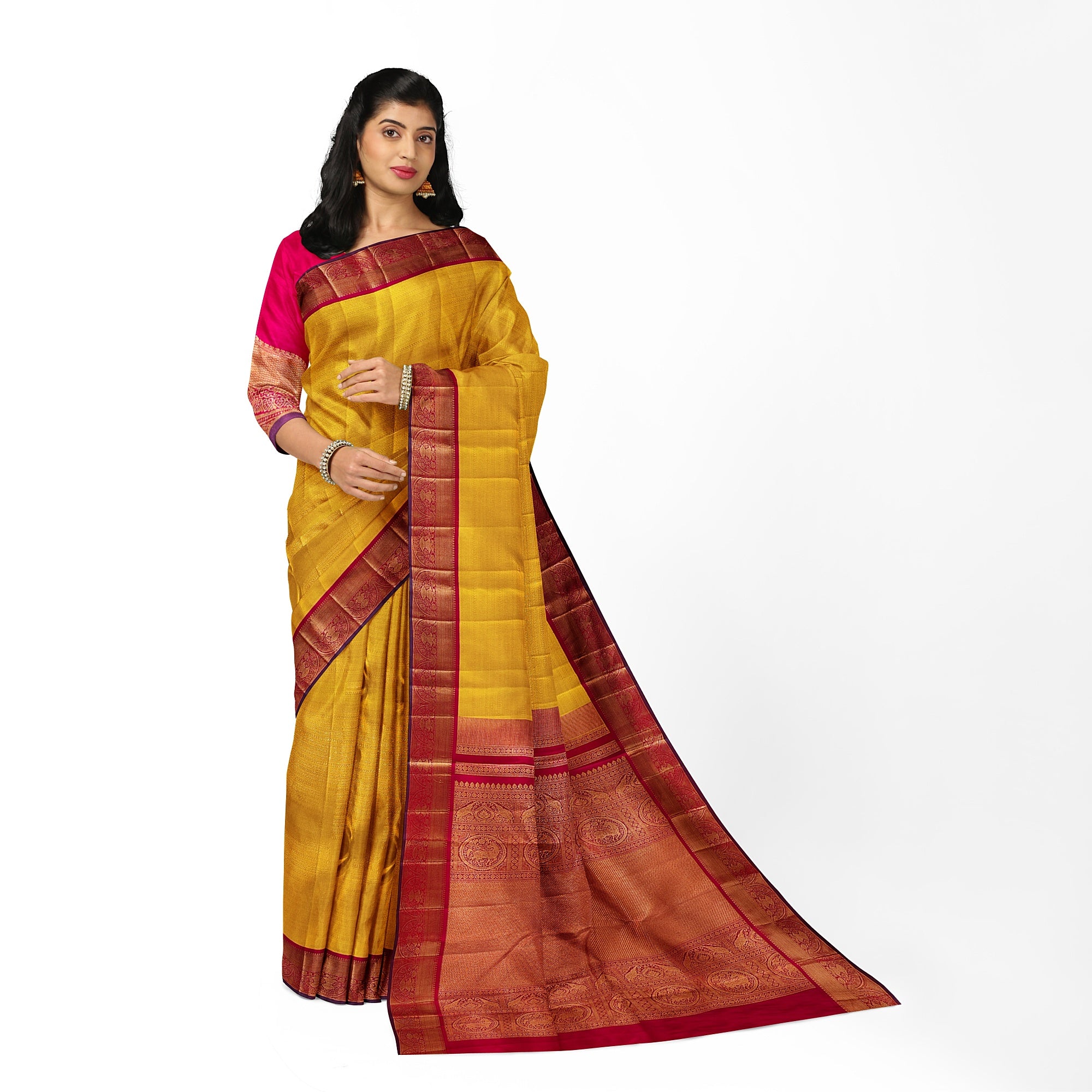 Yellow Brocade Kanjivaram Silk Saree with Red Zari Border – Pure Handloom Bridal Saree Online - New Sudarshan Silks`