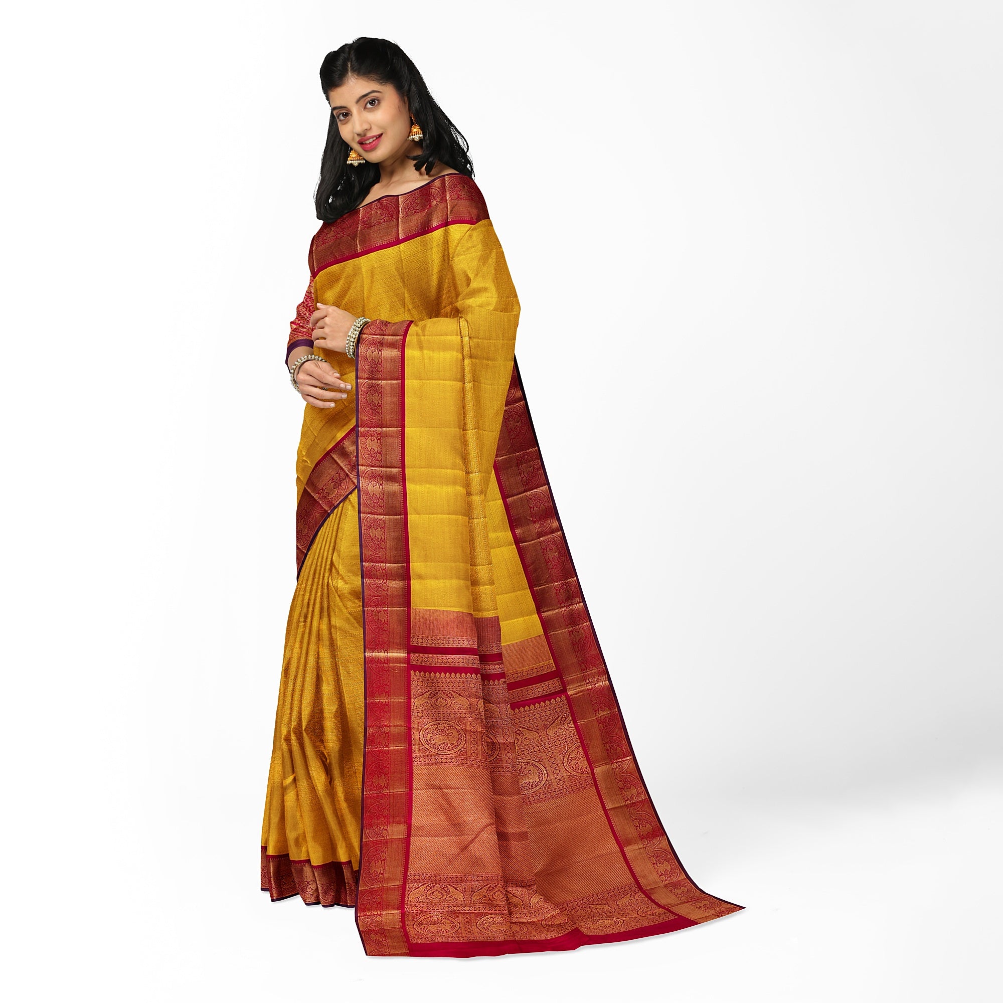 Yellow Brocade Kanjivaram Silk Saree with Red Zari Border – Pure Handloom Bridal Saree Online - New Sudarshan Silks`