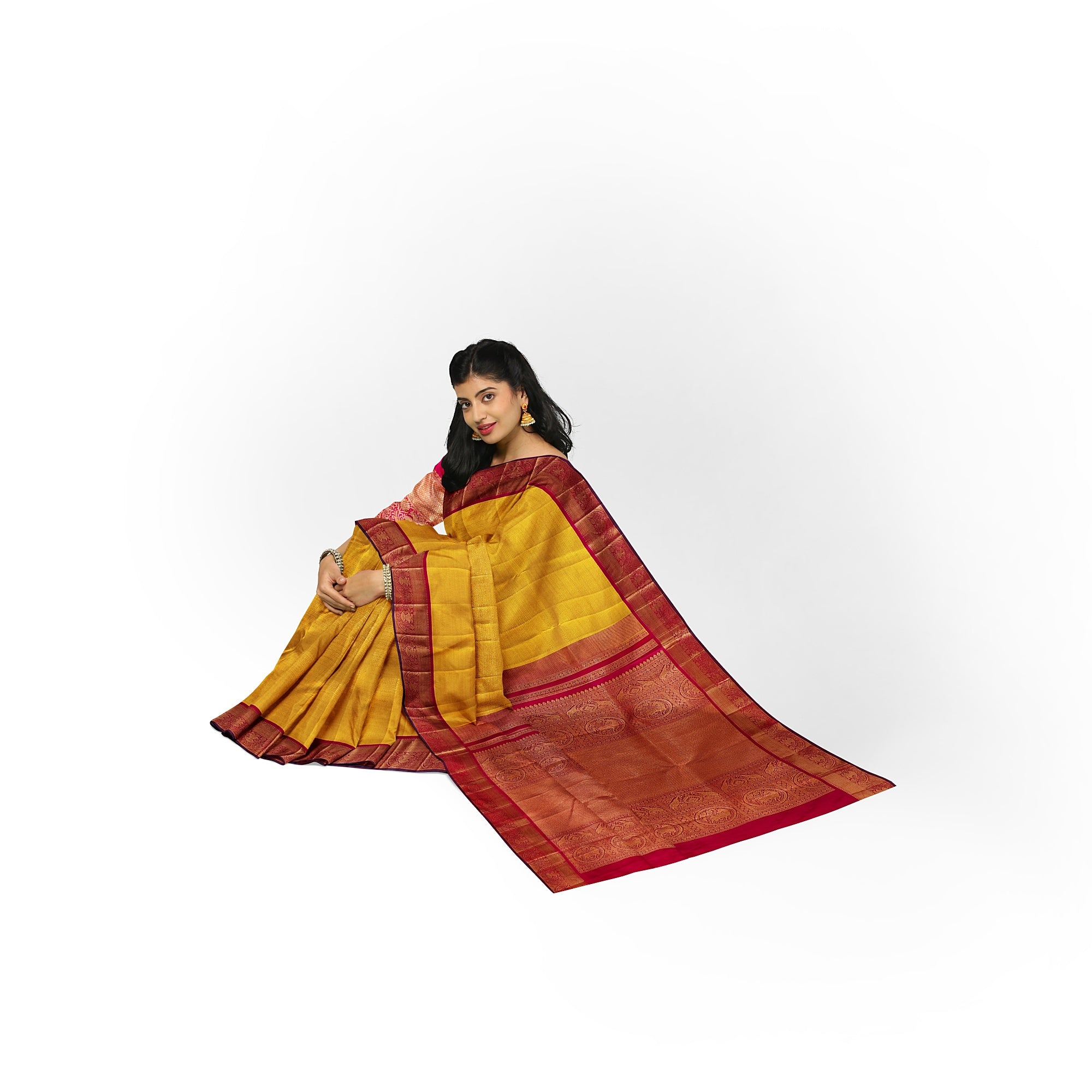 Yellow Brocade Kanjivaram Silk Saree with Red Zari Border – Pure Handloom Bridal Saree Online - New Sudarshan Silks`
