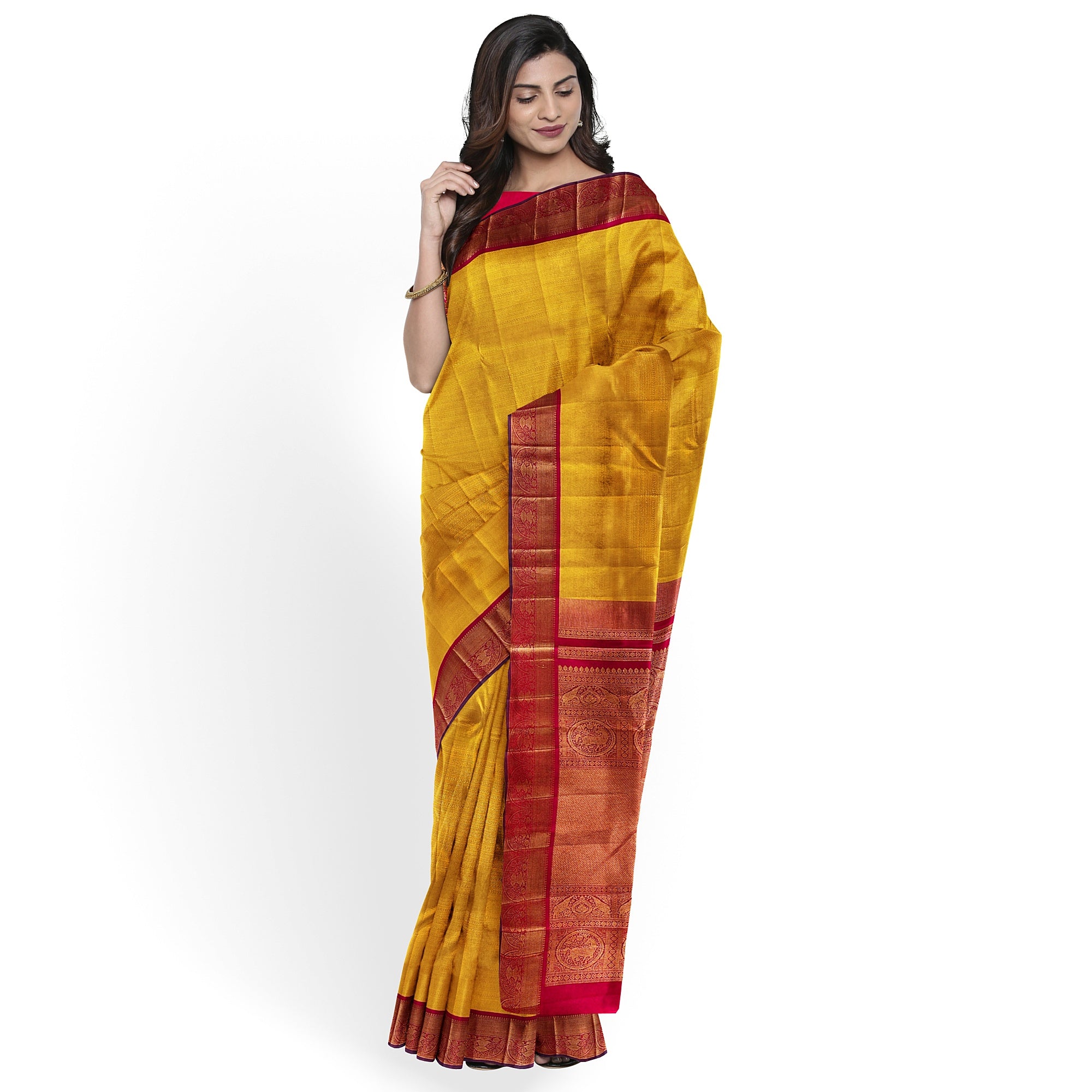 Yellow Brocade Kanjivaram Silk Saree with Red Zari Border – Pure Handloom Bridal Saree Online - New Sudarshan Silks`