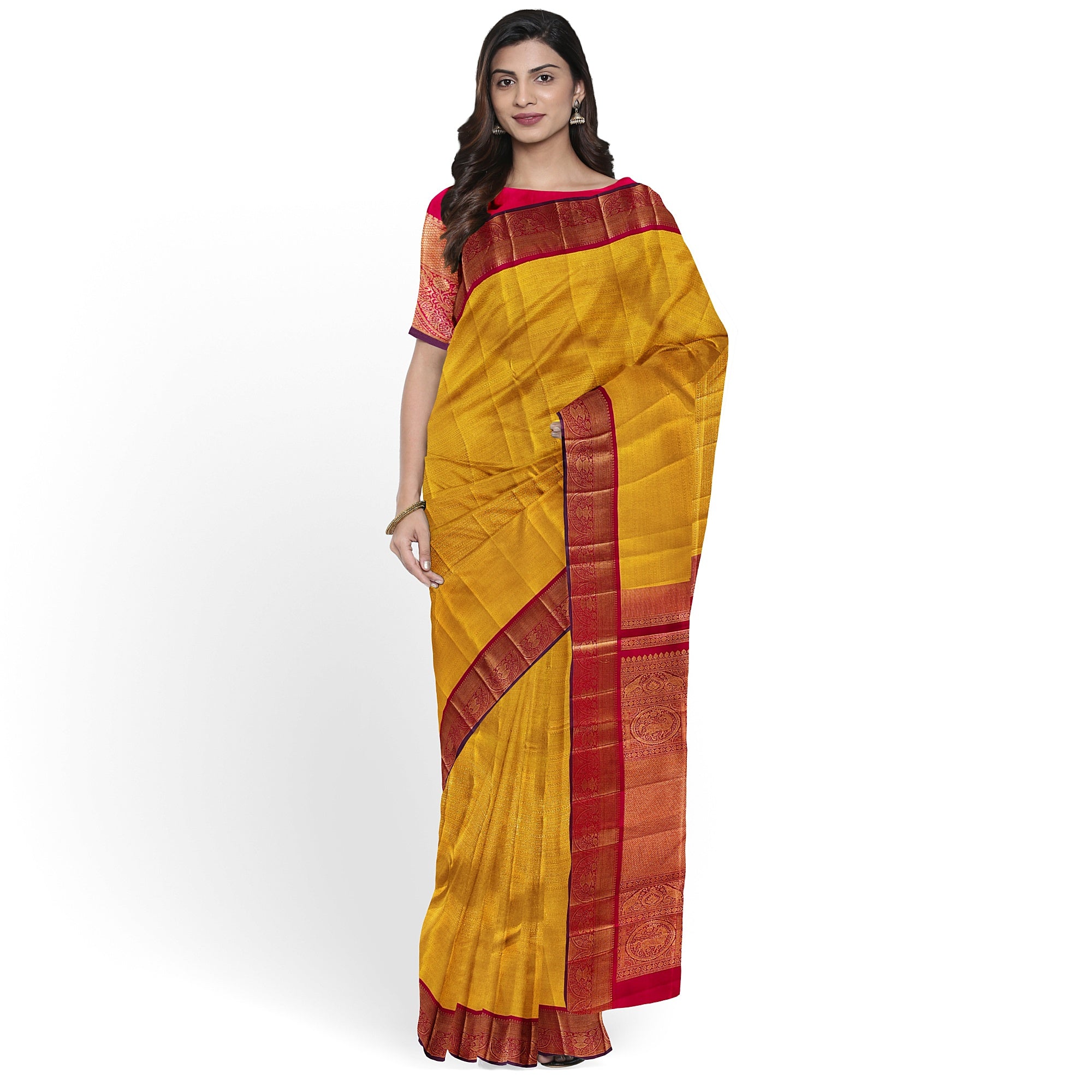 Yellow Brocade Kanjivaram Silk Saree with Red Zari Border – Pure Handloom Bridal Saree Online - New Sudarshan Silks`