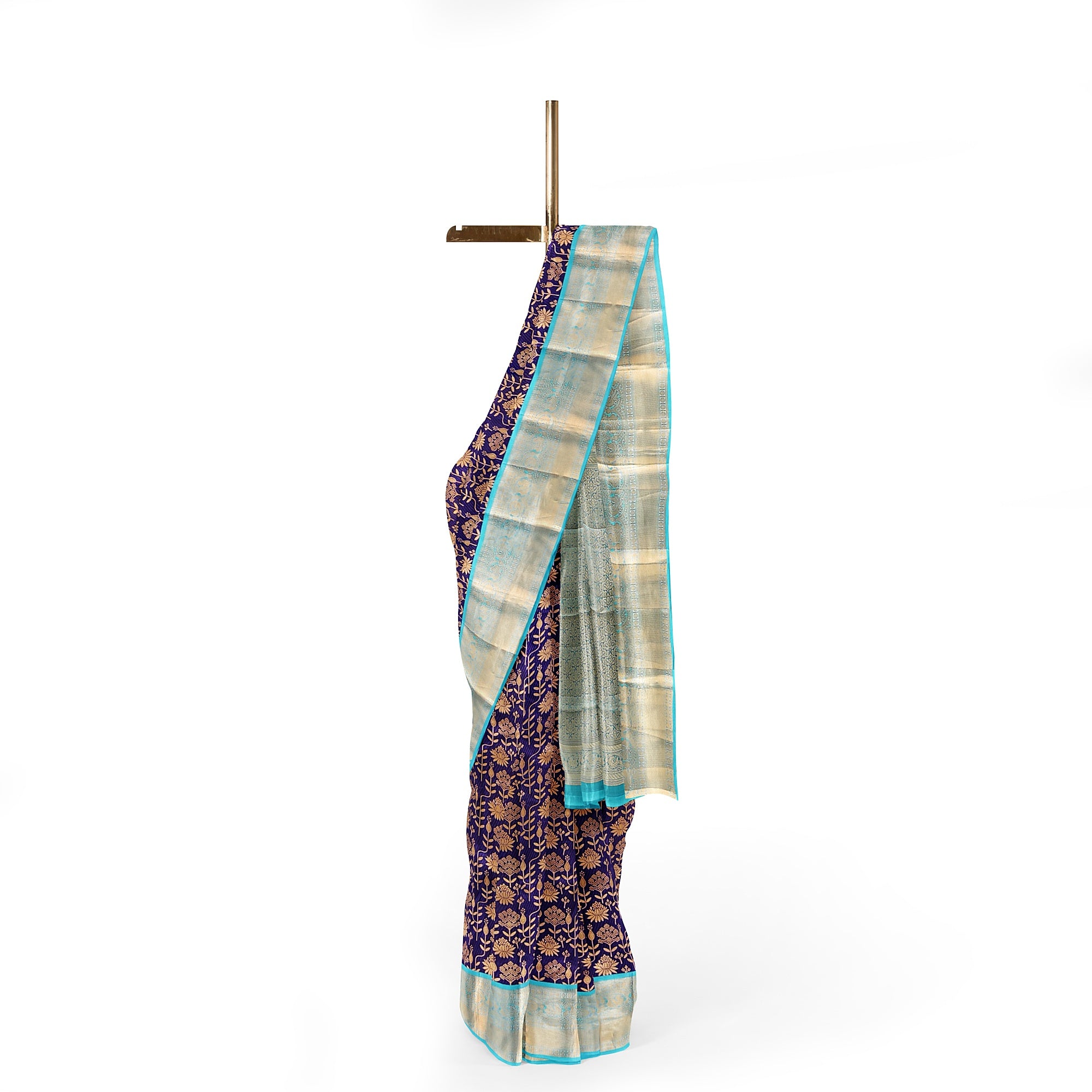 Navy Blue Kanjivaram Silk Saree with Sky Blue Zari Border – Pure Handloom Bridal Saree Online - New Sudarshan Silks`