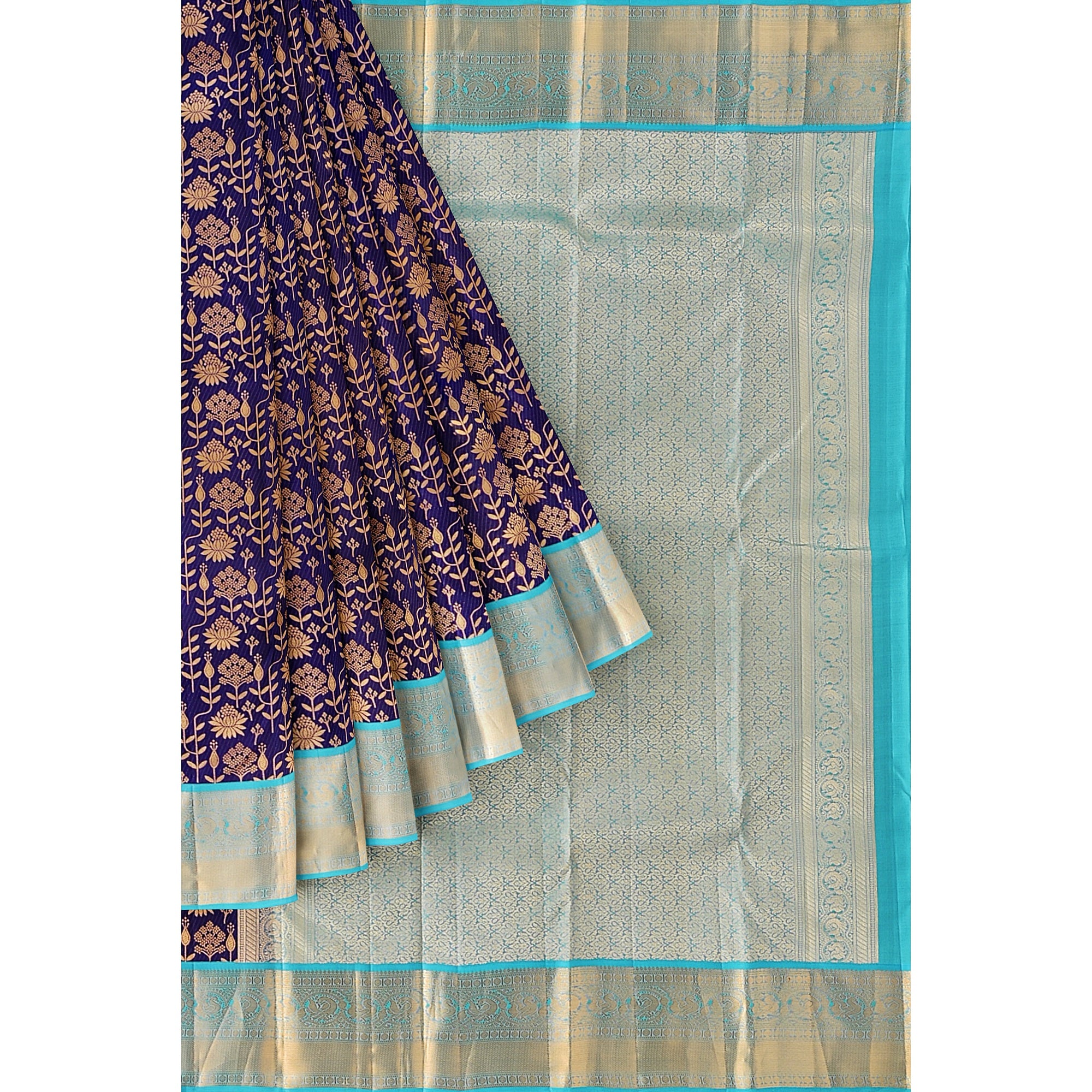 Navy Blue Kanjivaram Silk Saree with Sky Blue Zari Border – Pure Handloom Bridal Saree Online - New Sudarshan Silks`