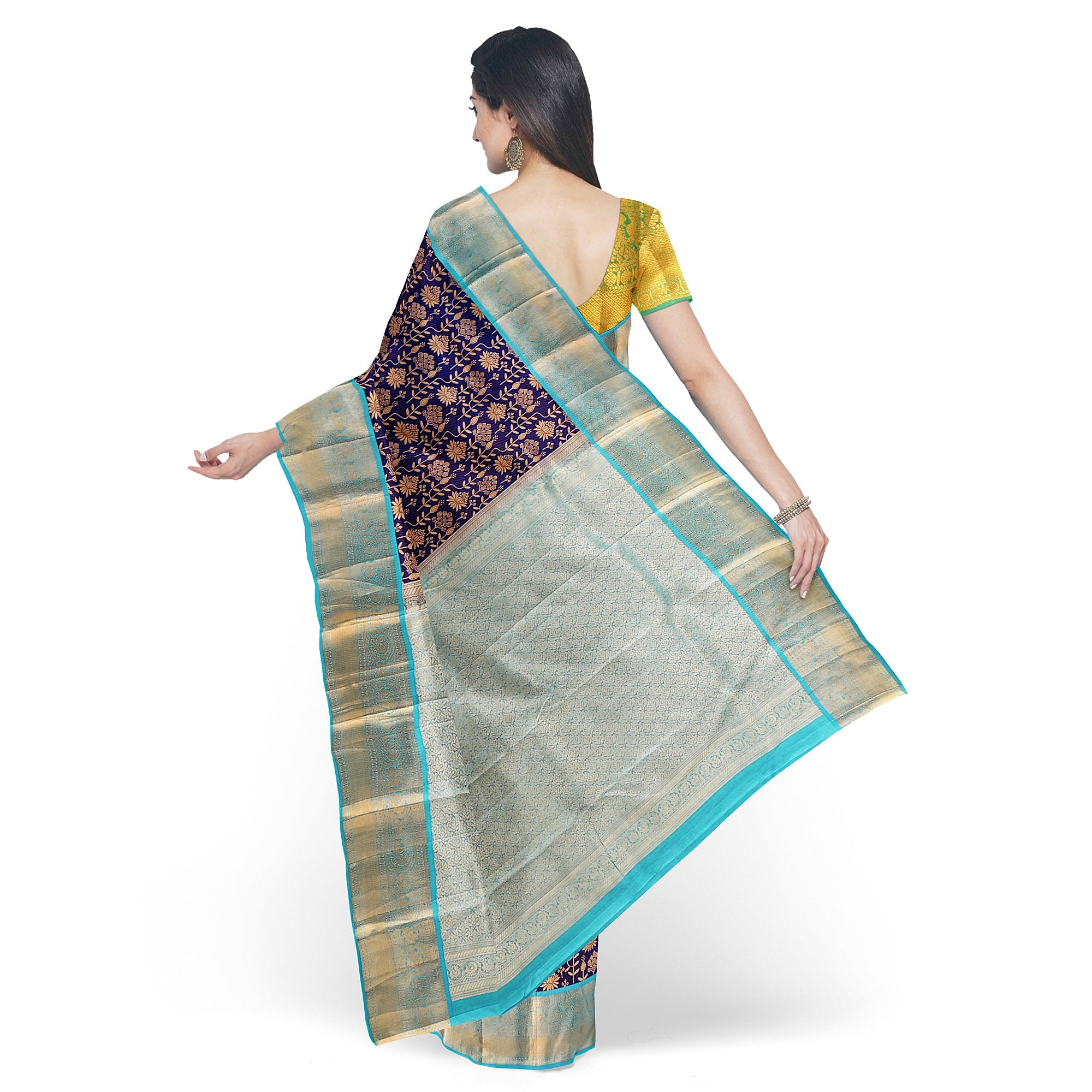 Navy Blue Kanjivaram Silk Saree with Sky Blue Zari Border – Pure Handloom Bridal Saree Online - New Sudarshan Silks`