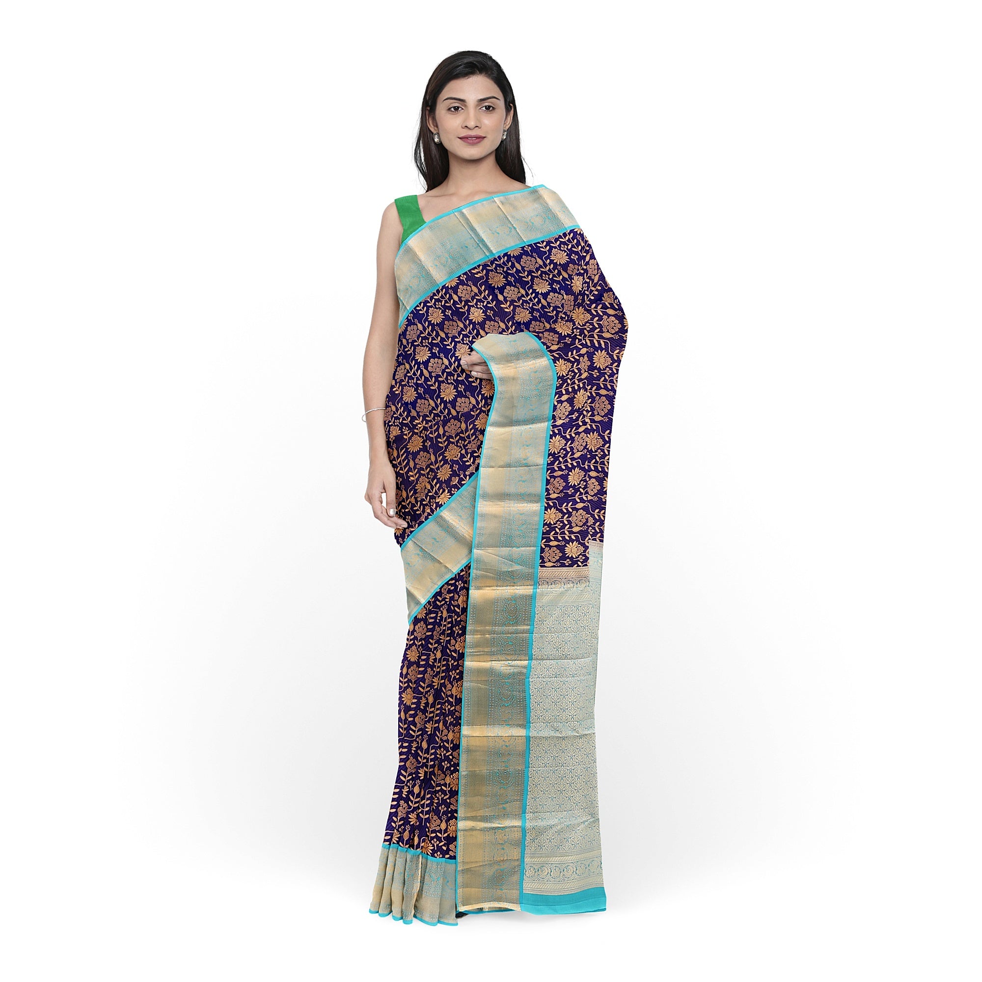 Navy Blue Kanjivaram Silk Saree with Sky Blue Zari Border – Pure Handloom Bridal Saree Online - New Sudarshan Silks`
