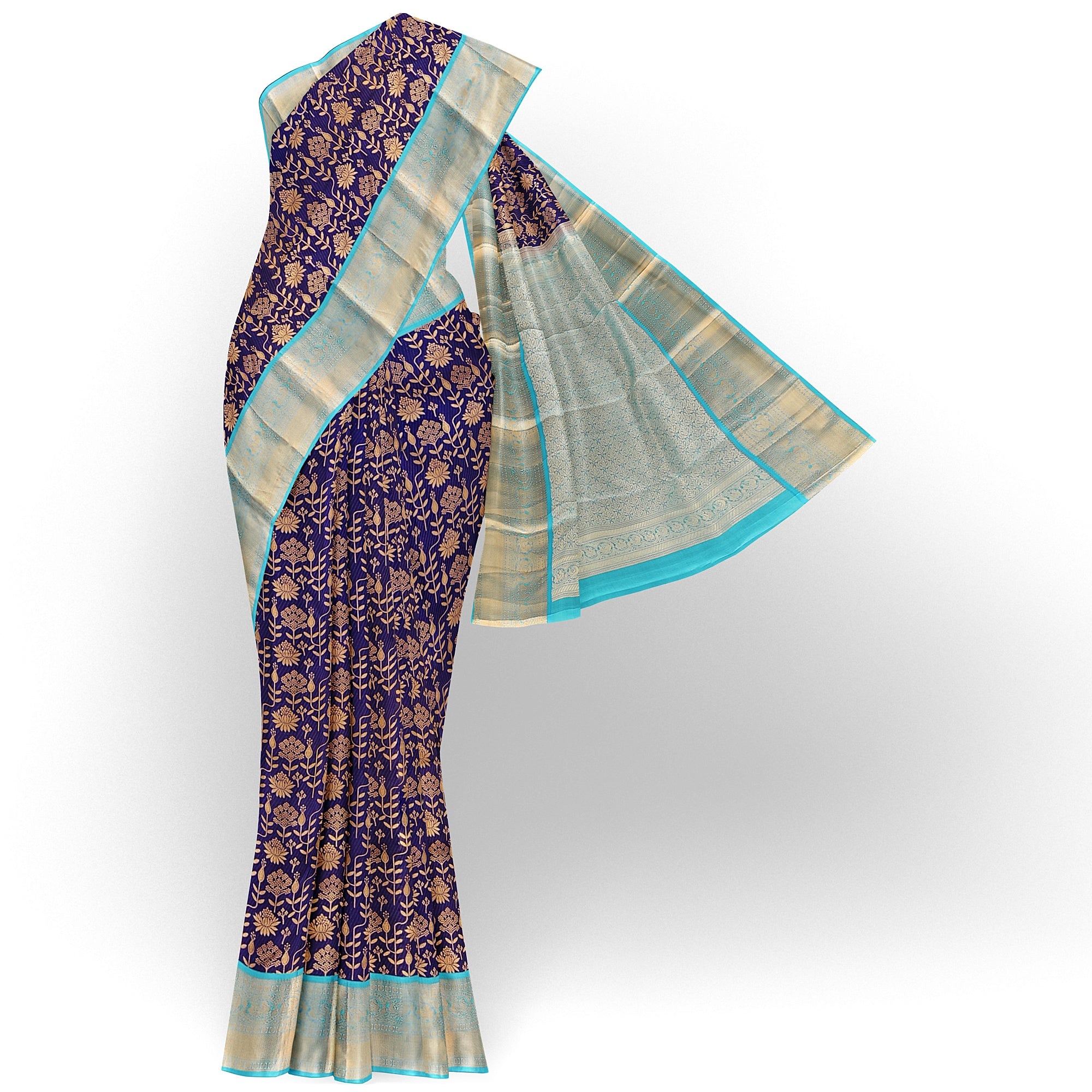 Navy Blue Kanjivaram Silk Saree with Sky Blue Zari Border – Pure Handloom Bridal Saree Online - New Sudarshan Silks`