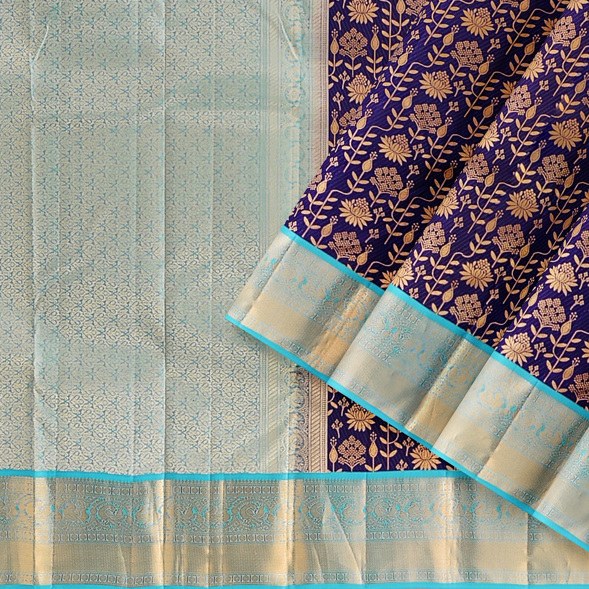 Navy Blue Kanjivaram Silk Saree with Sky Blue Zari Border – Pure Handloom Bridal Saree Online - New Sudarshan Silks`